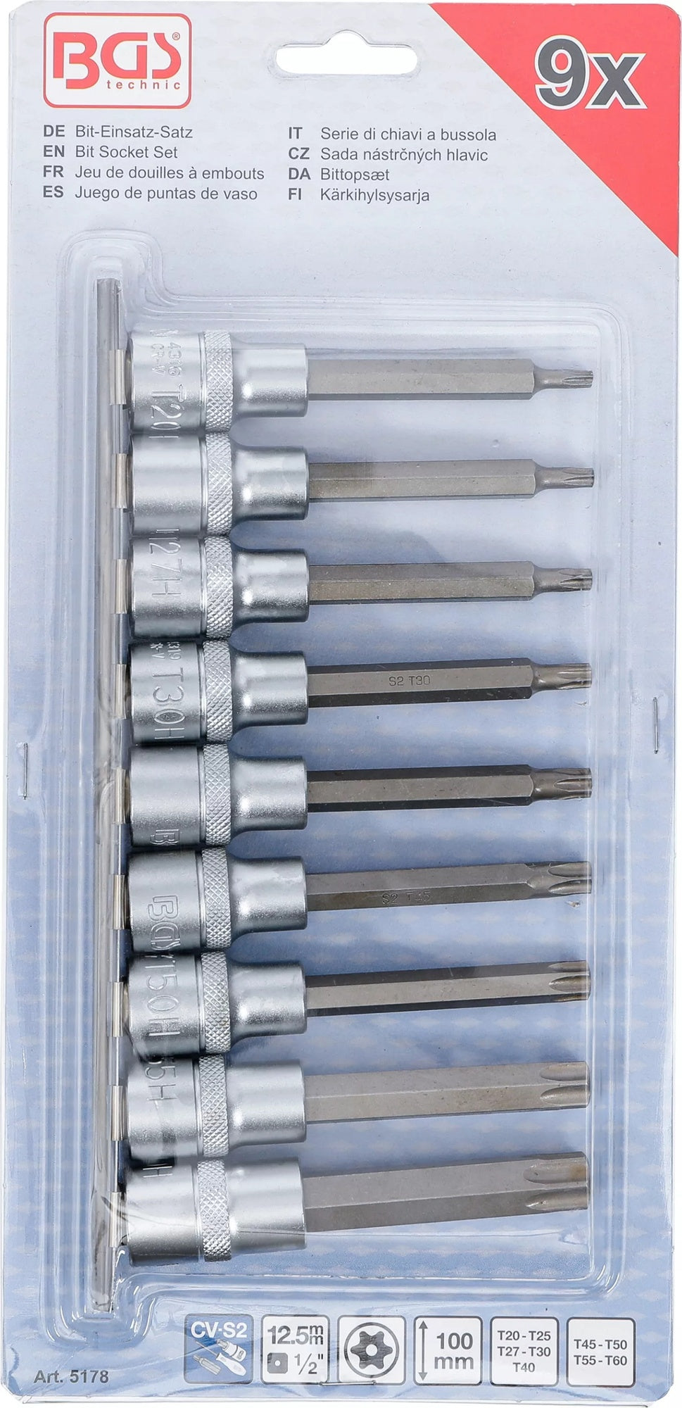 BGS 5178 Satz Biteinsätze T-Profil (für Torx) mit Bohrung T20 - T60 Antrieb Innenvierkant 12,5mm (1/2")