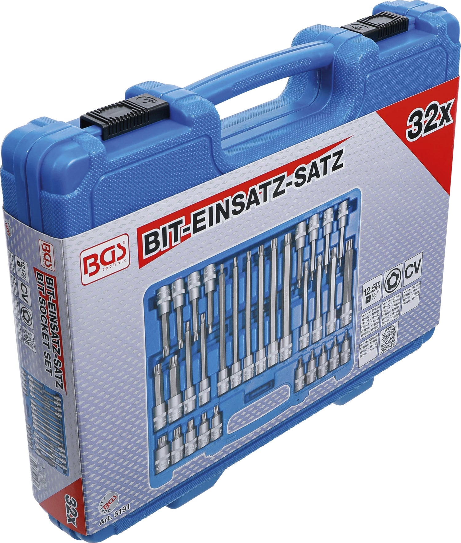 BGS 5191 Satz Biteinsätze TPS-Profil (für Torx Plus) TPS20 - TPS70 mit Stirnlochbohrung Antrieb 12,5mm (1/2")