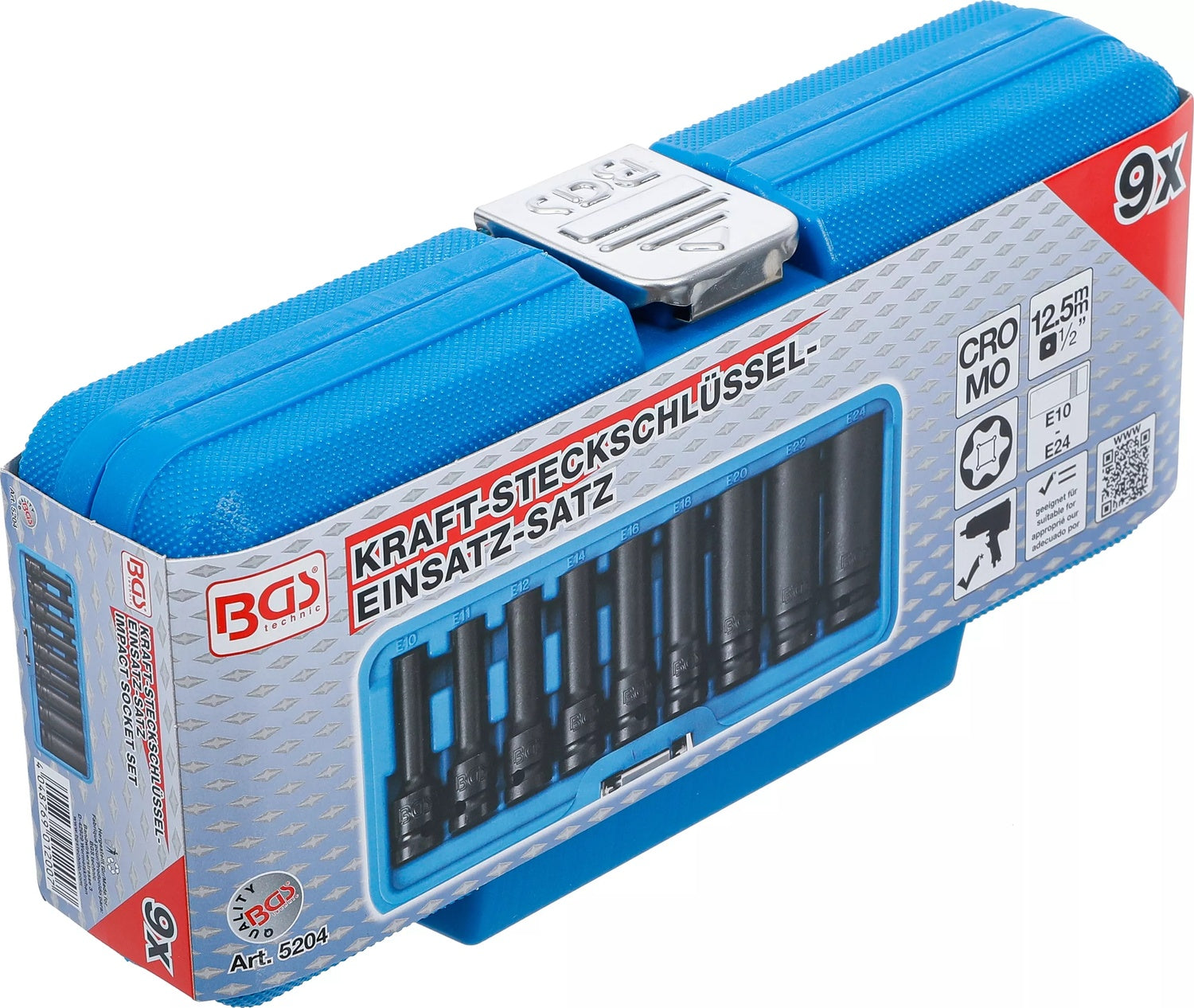 BGS 5204 Satz Kraft Steckschlüsseleinsätze E-Profil tief Antrieb Innenvierkant 12,5mm (1/2") SW E10 - E24