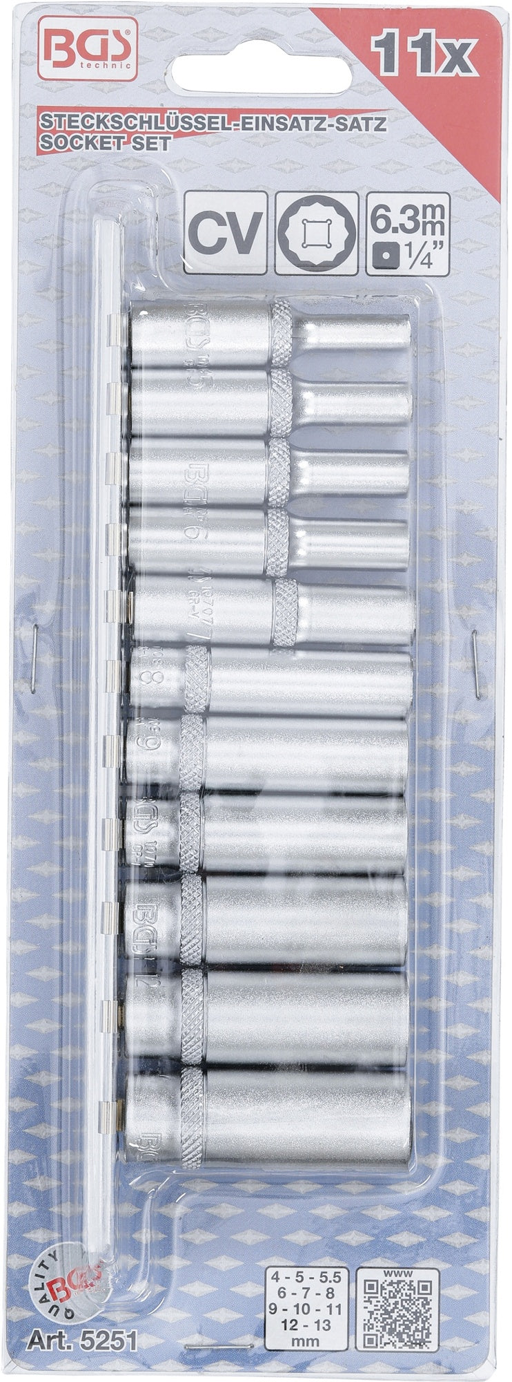 BGS 5251 Satz Steckschlüsseleinsätze Zwölfkant tief Antrieb Innenvierkant 6,3mm (1/4") SW 4 - 13mm