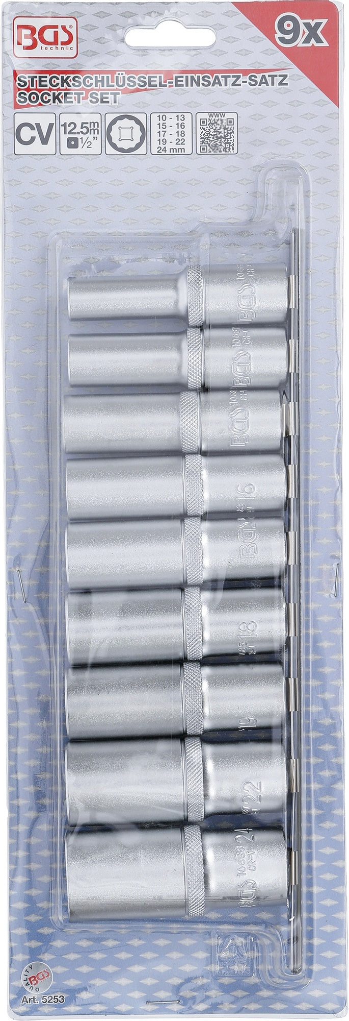 BGS 5253 Satz Steckschlüsseleinsätze Zwölfkant tief Antrieb Innenvierkant 12,5mm (1/2") SW 10 - 24mm