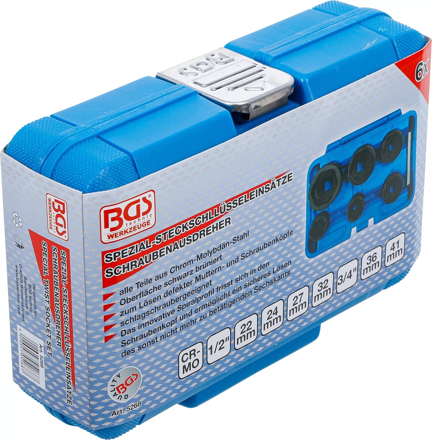 BGS 5268 Satz Steckschlüssel Spiralprofil Schraubenausdreher Antrieb 12,5mm (1/2") + 20mm (3/4") SW 22-41mm