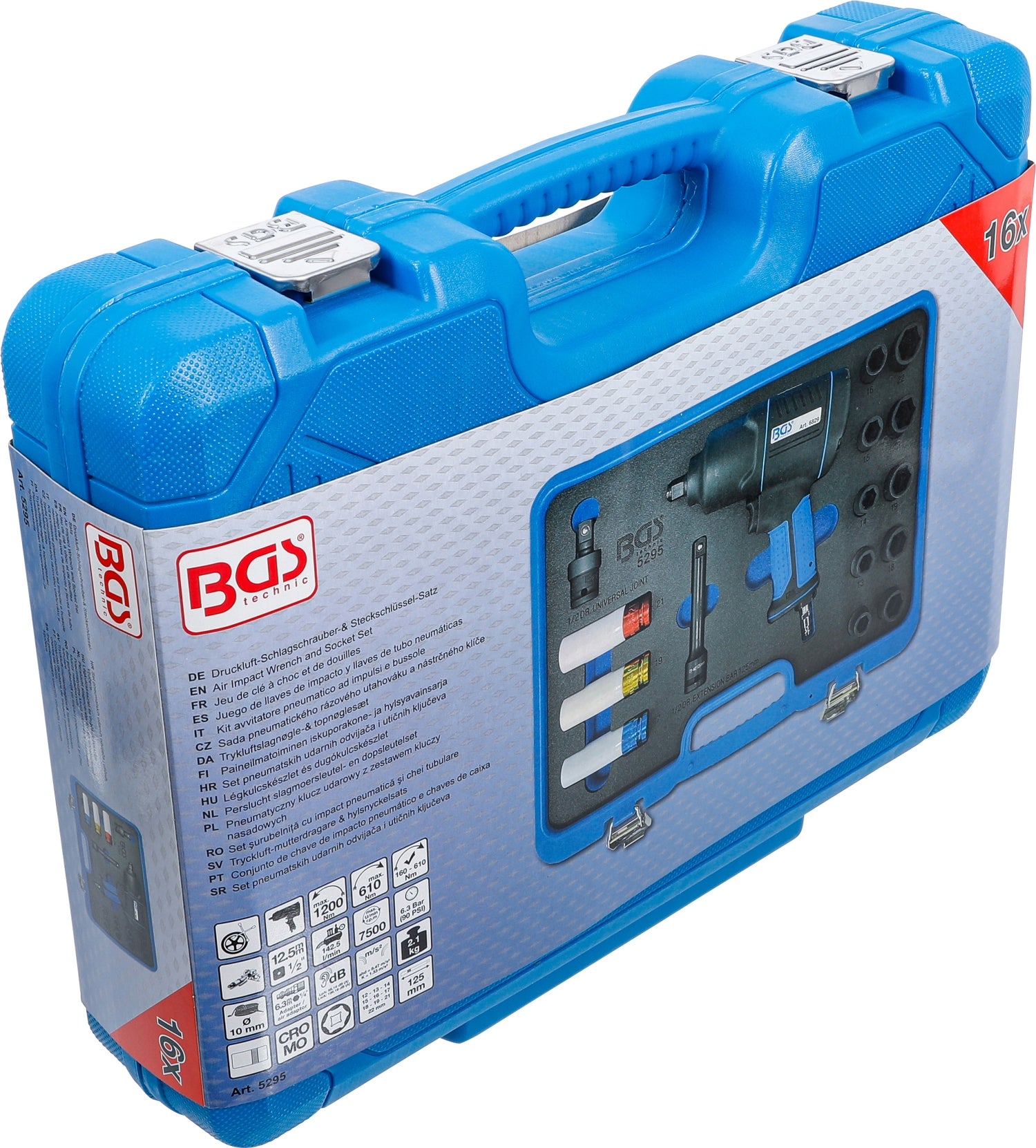BGS 5295 Satz Kraft Steckschlüssel 12,5mm (1/2") & Druckluft Schlagschrauber 1200 Nm 16 teilig