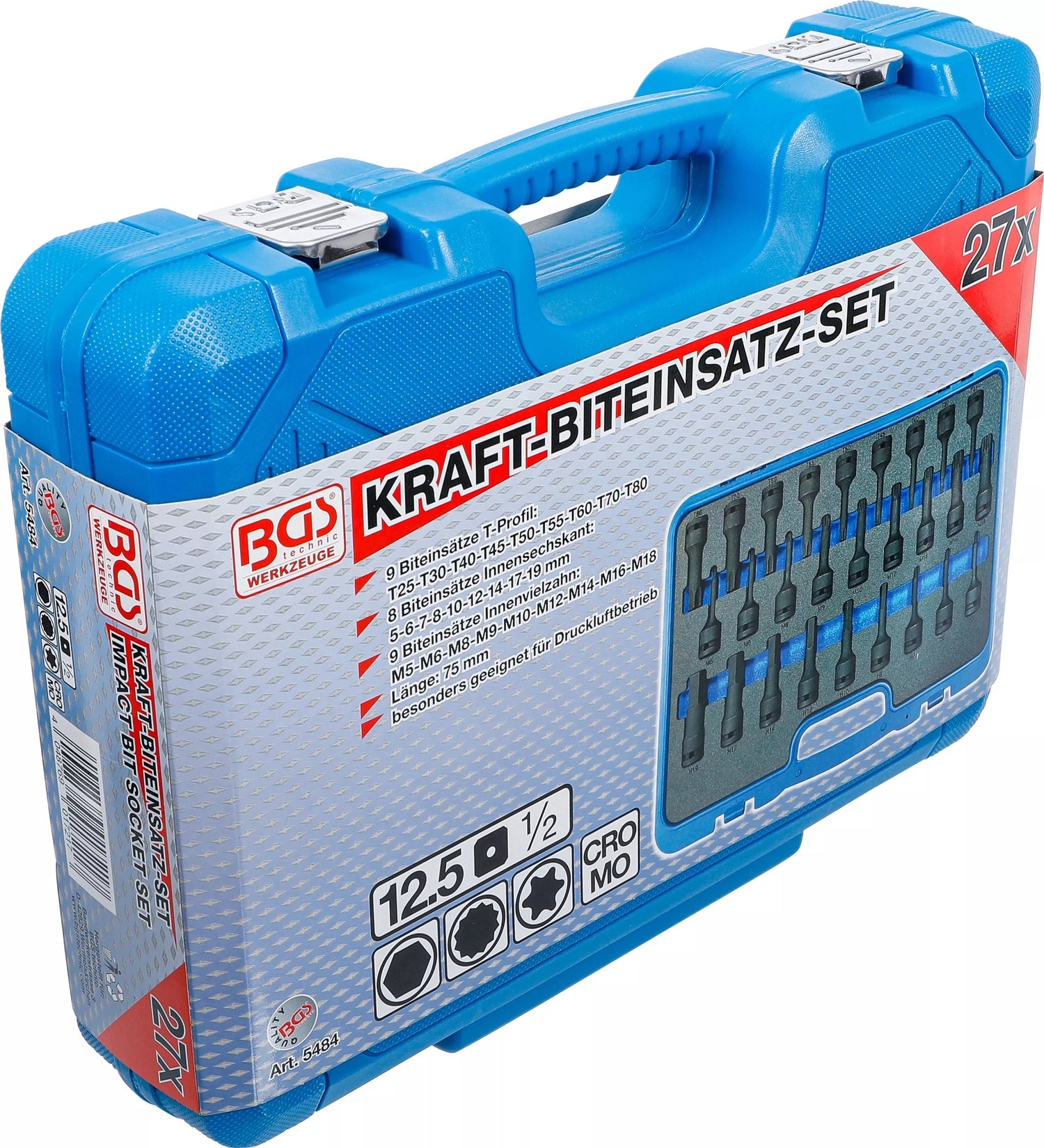 BGS 5484 Satz Kraft Biteinsätze T-Profil (für Torx) Innensechskant Innenvielzahn (für XZN) Antrieb 12,5mm (1/2")