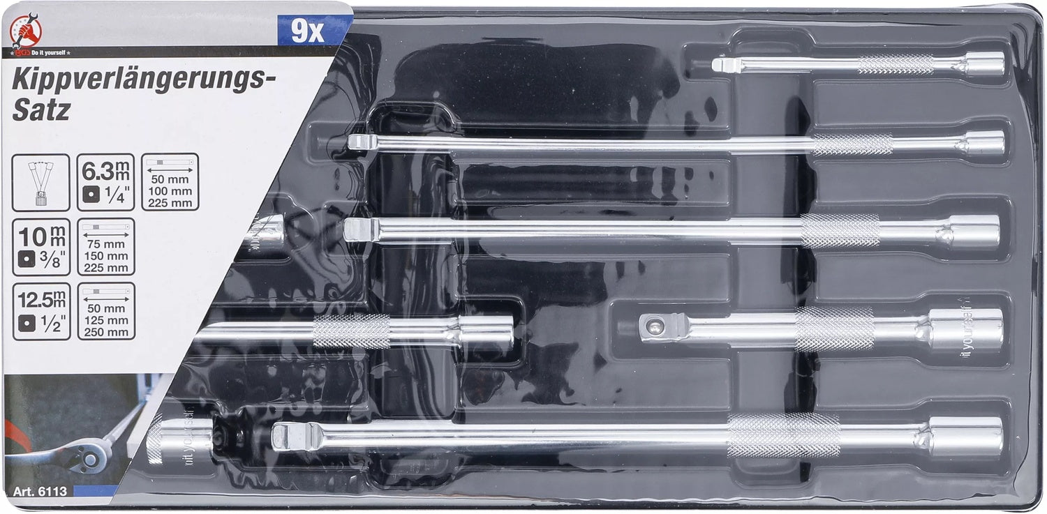 BGS DIY 6113 Satz Kippverlängerungen Antrieb 6,3 (1/4") 10mm (3/8") 12,5mm (1/2") 9 teilig