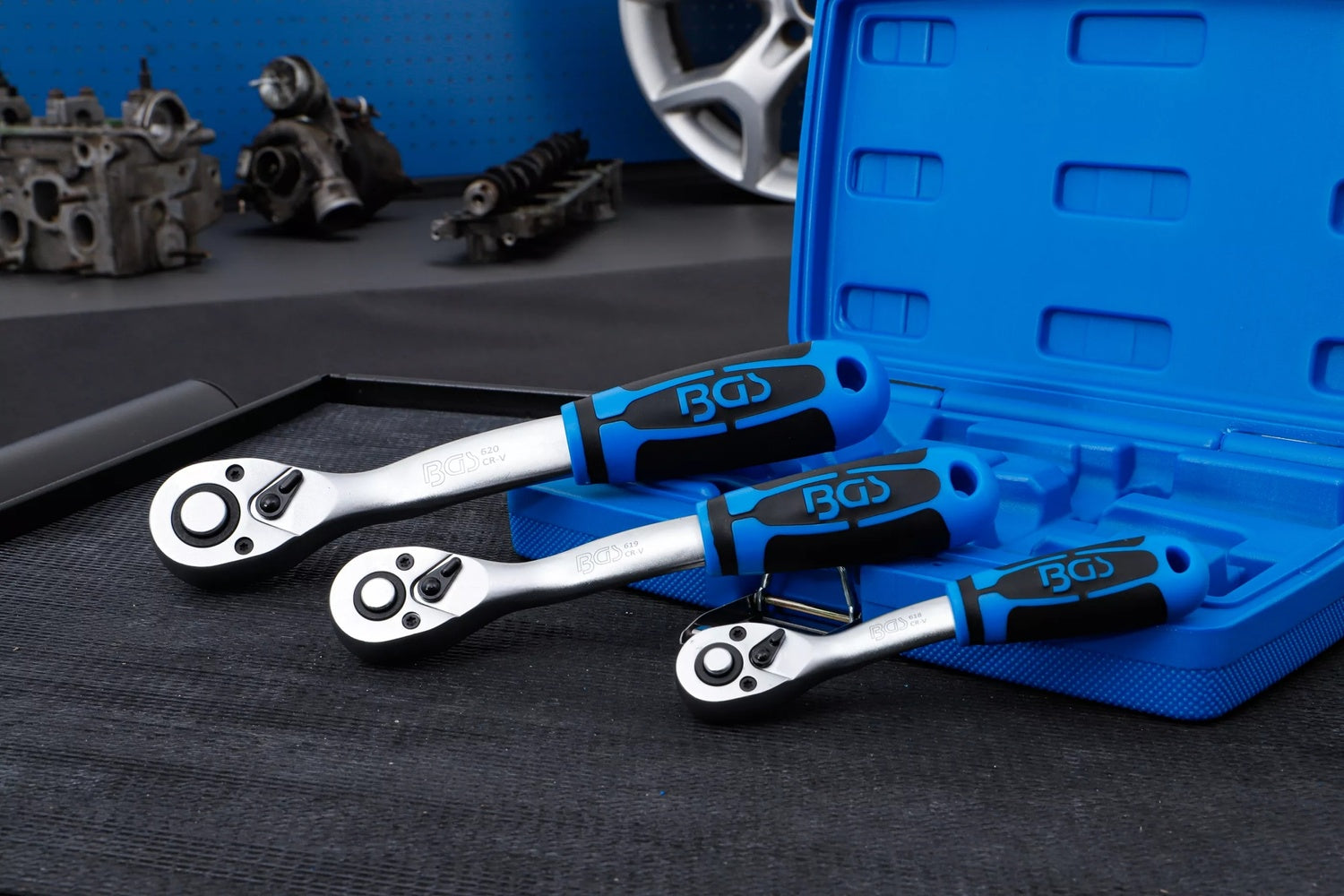 BGS 621 Satz Umschaltknarren feinverzahnt Abtrieb Außenvierkant 6,3mm (1/4"), 10mm (3/8"), 12,5mm (1/2")