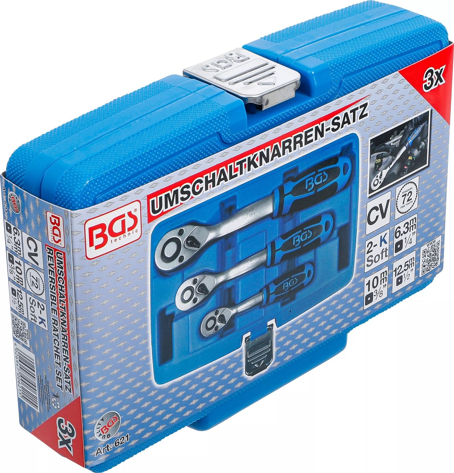 BGS 621 Satz Umschaltknarren feinverzahnt Abtrieb Außenvierkant 6,3mm (1/4"), 10mm (3/8"), 12,5mm (1/2")