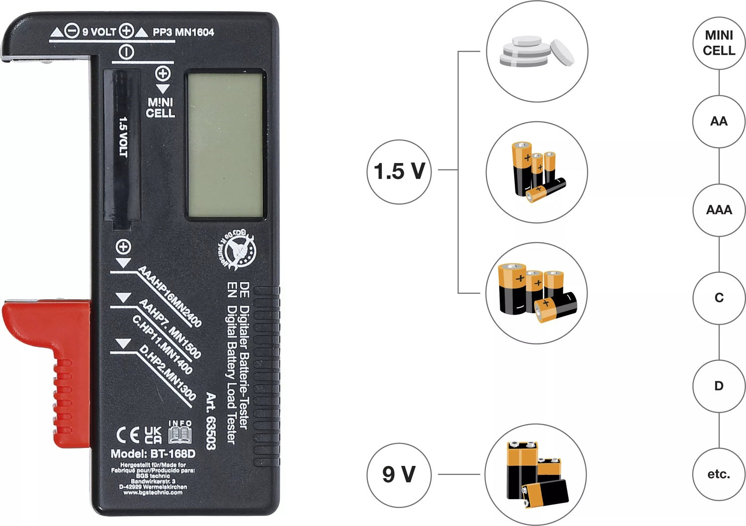 BGS DIY 63503 Digitaler Batterietester 1,5 V 9 V