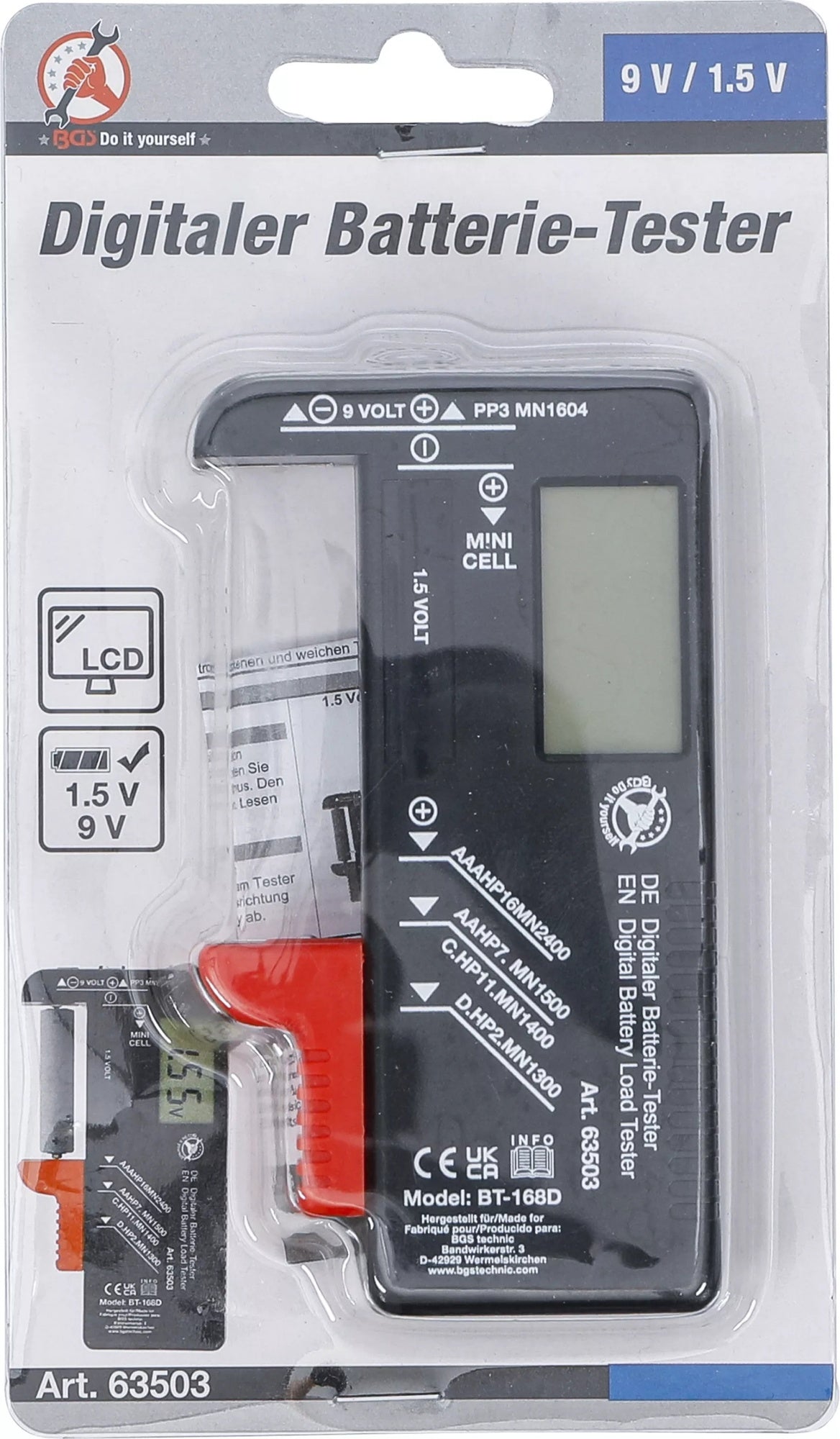 BGS DIY 63503 Digitaler Batterietester 1,5 V 9 V