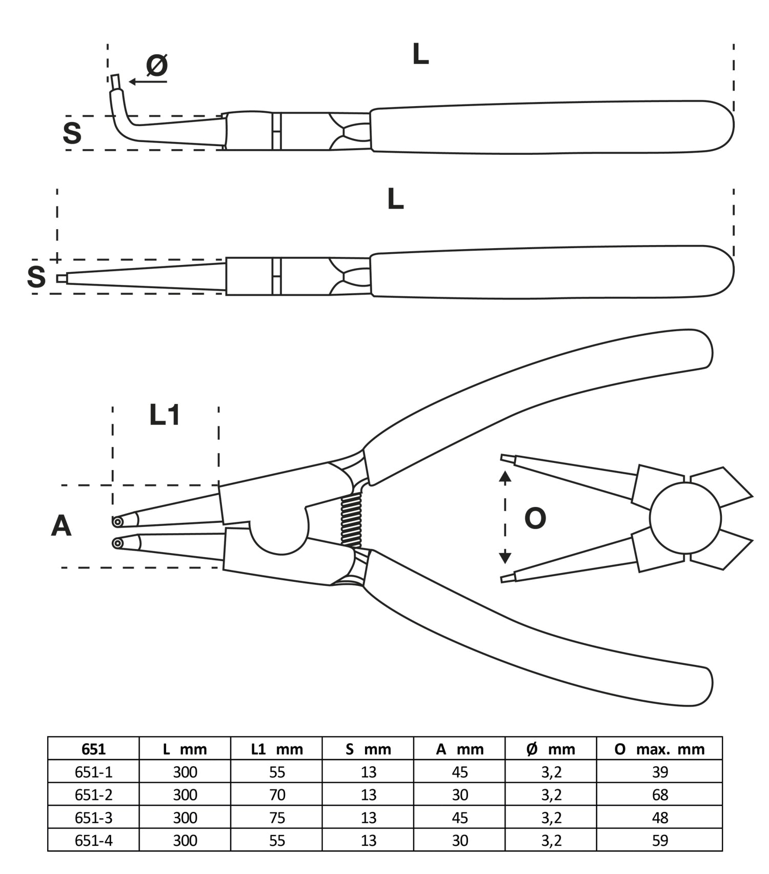 BGS 651 Satz Sprengringzangen / Zange für Sprengringe 4 teilig Länge 300mm