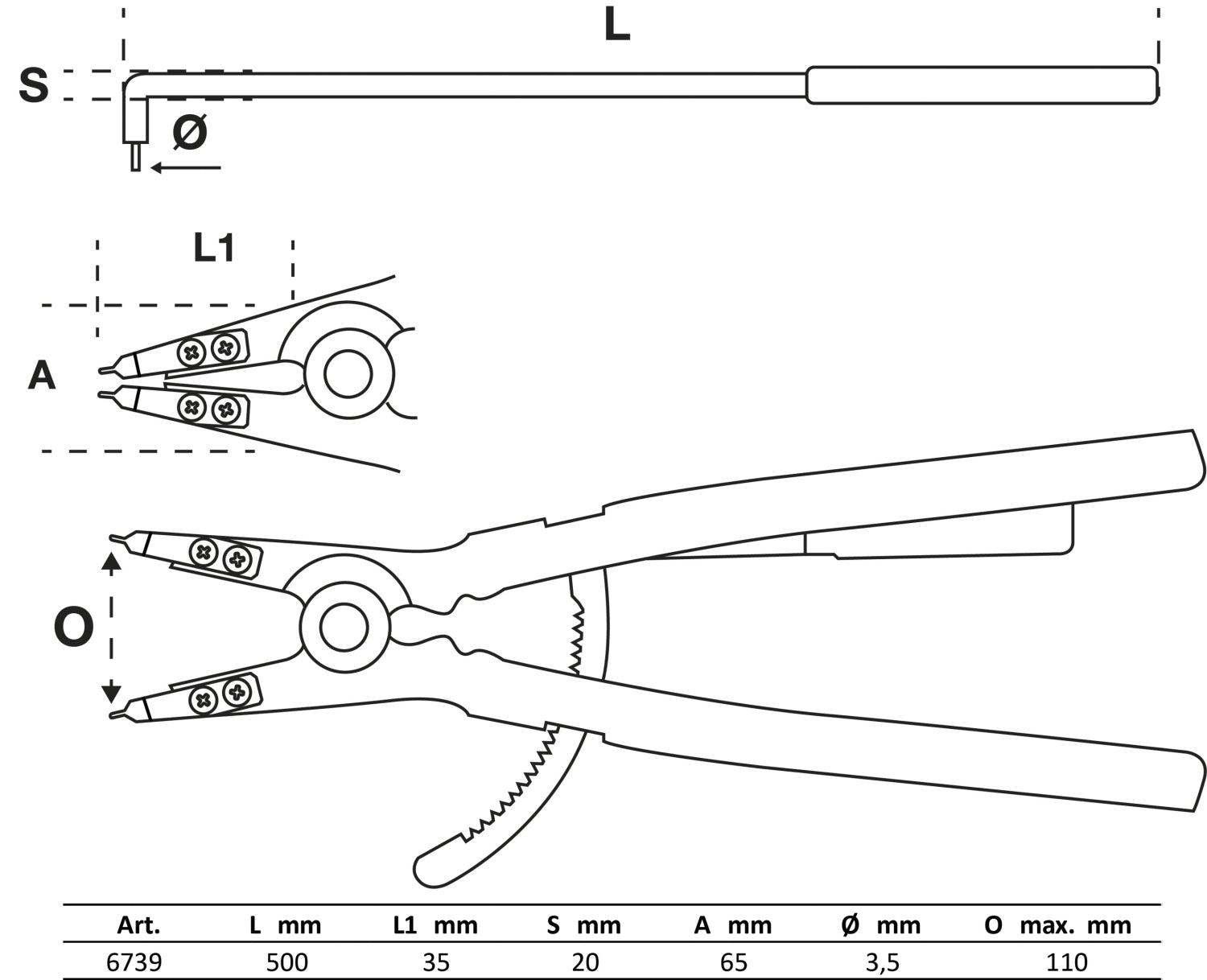 BGS 6739 Sprengringzange abgewinkelt 500mm für Außensprengringe