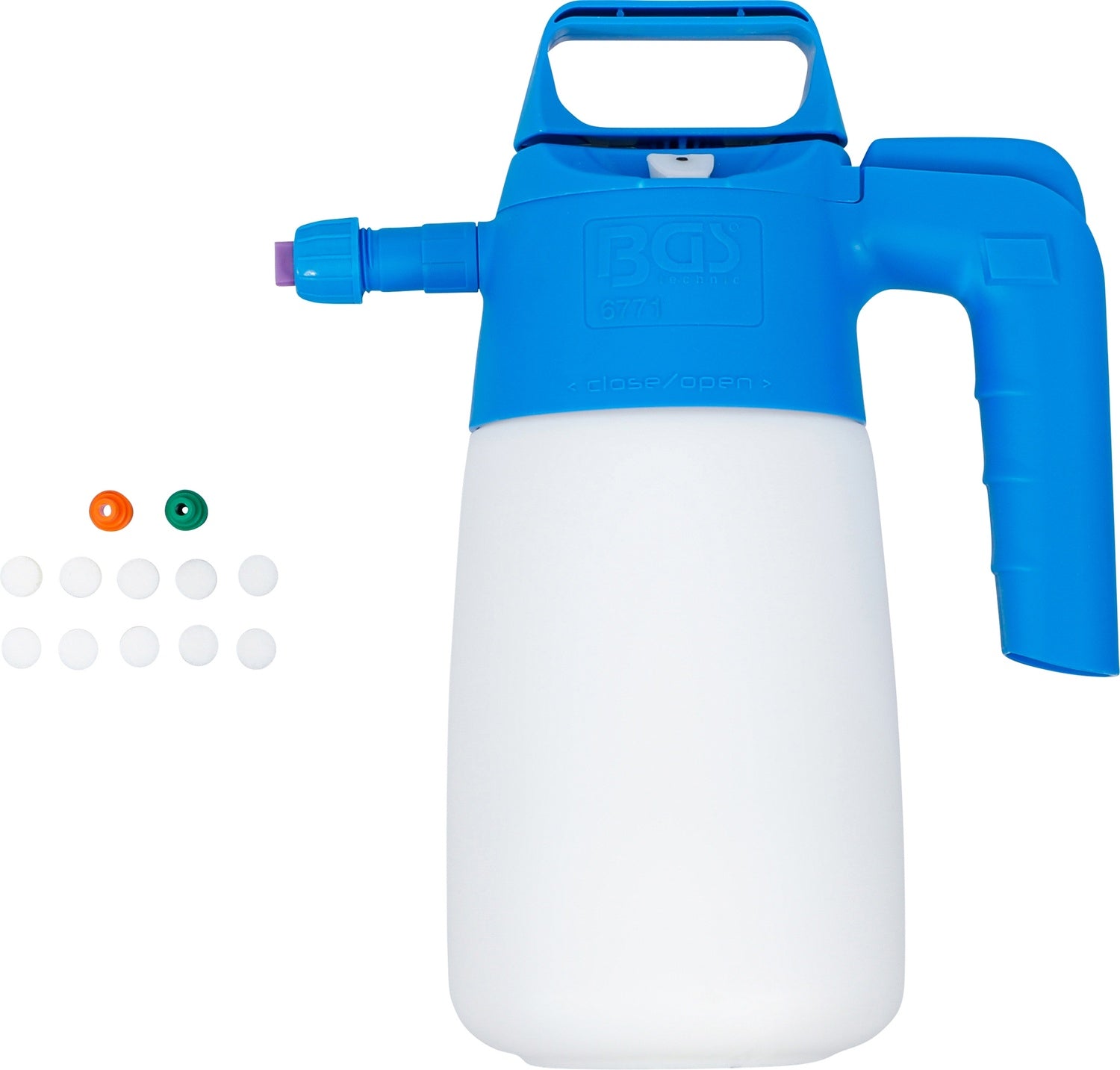 BGS 6771 Pumpsprühflasche Schaum Volumen 1,5 Liter 10 Ersatzfilter 3 Düsen