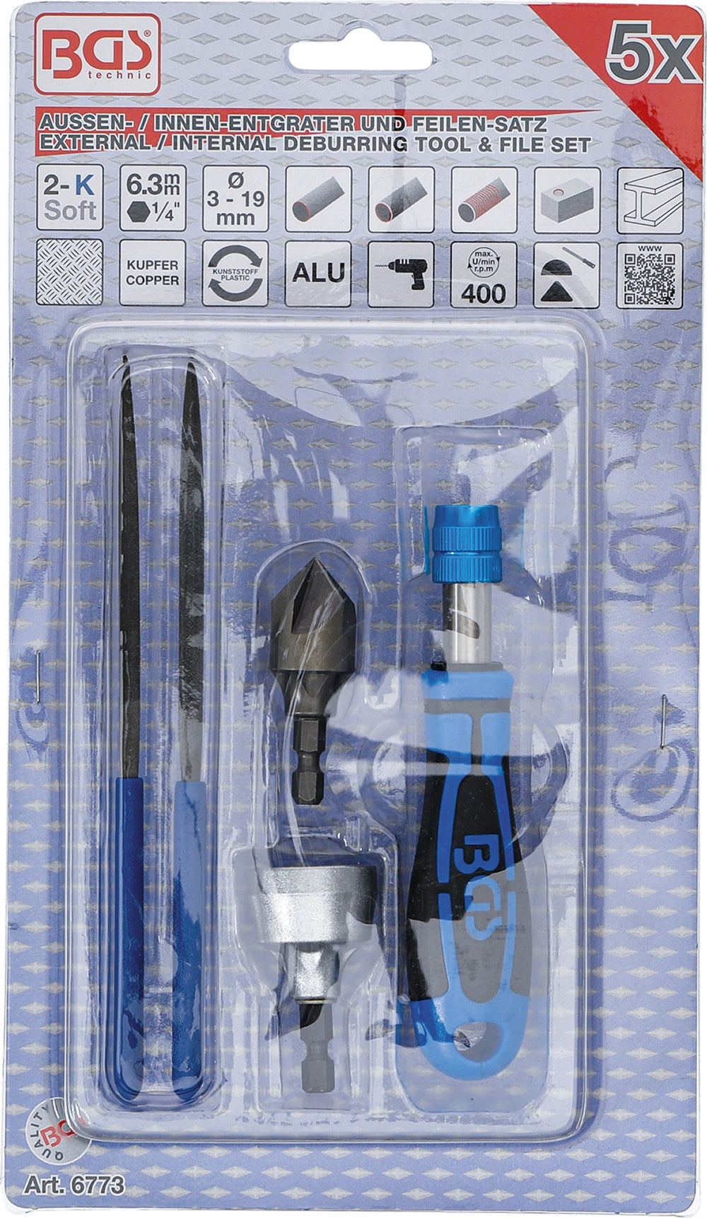 BGS 6773 Satz Außen- und Innen-Entgrater und Feilen 5-teilig