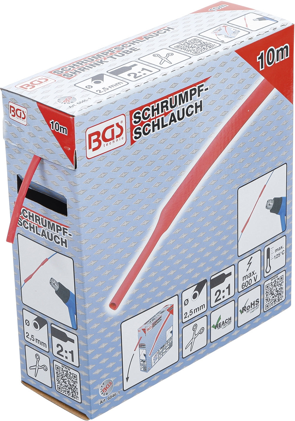 BGS 6846-1 Box Schrumpfschlauch rot Ø2,5mm 10 Meter zum Zuschneiden