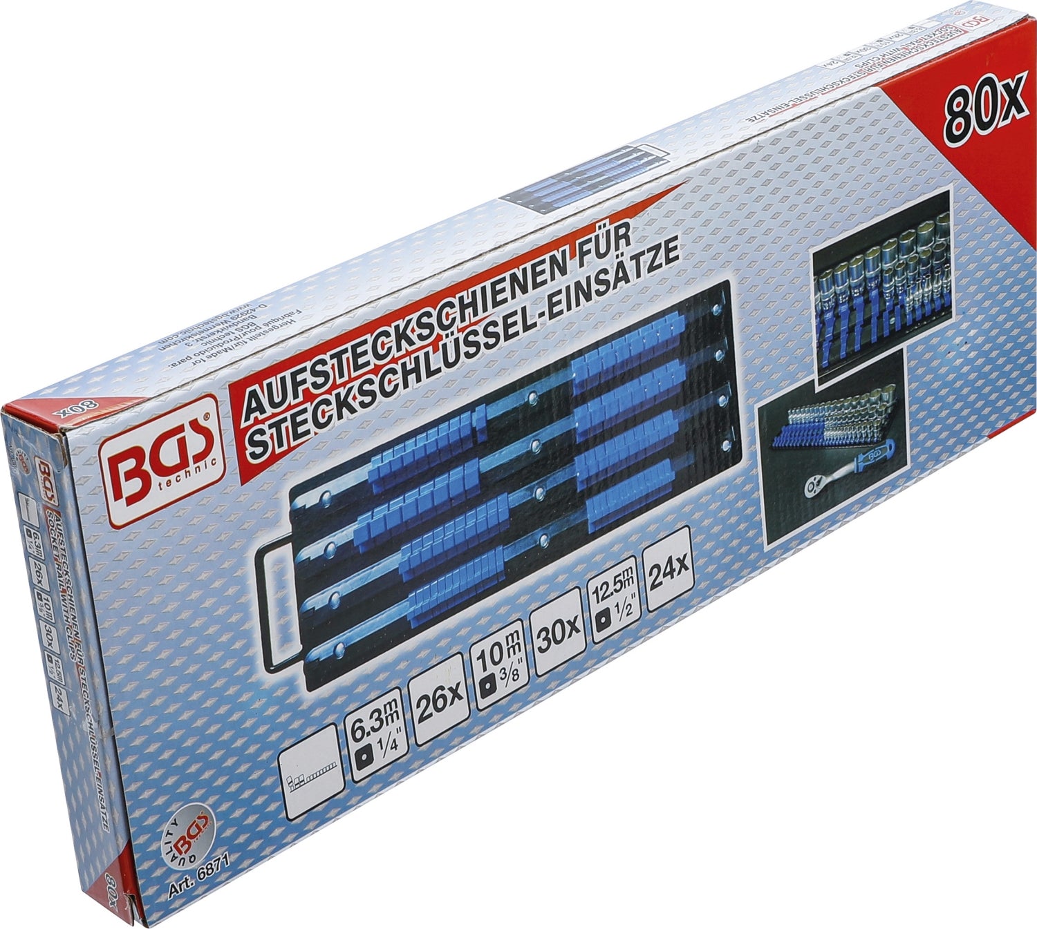 BGS 6871 Aufsteckschienen Set für Steckschlüsseleinsätze mit 80 Clips für Einsätze 6,3mm (1/4") 10mm (3/8") 12,5mm (1/2")