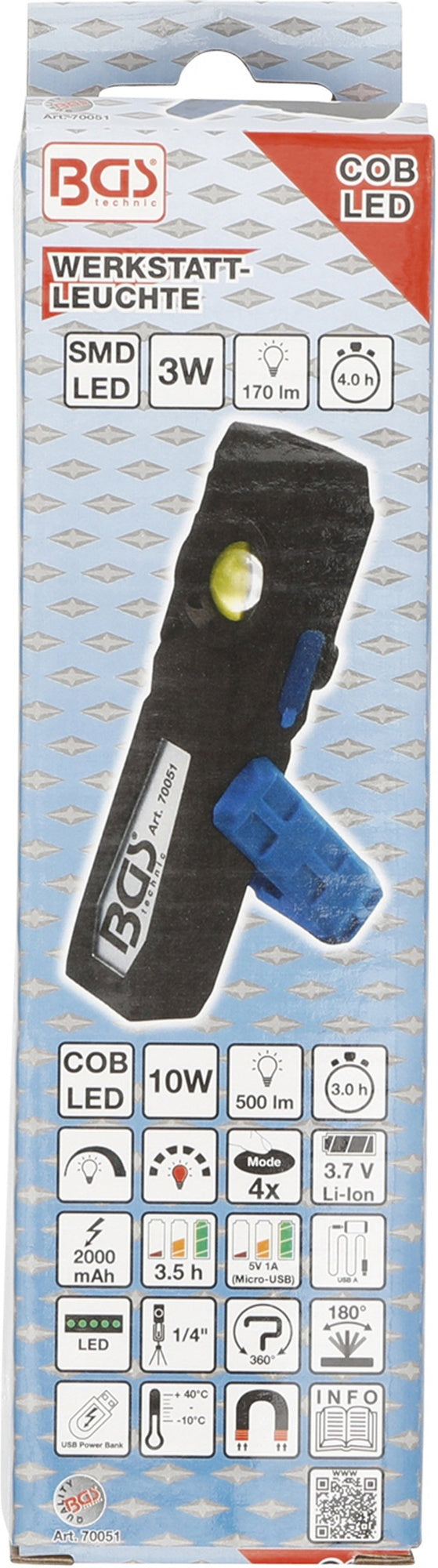 BGS 70051 COB LED Werkstattleuchte mit Magnet und Haken klappbar