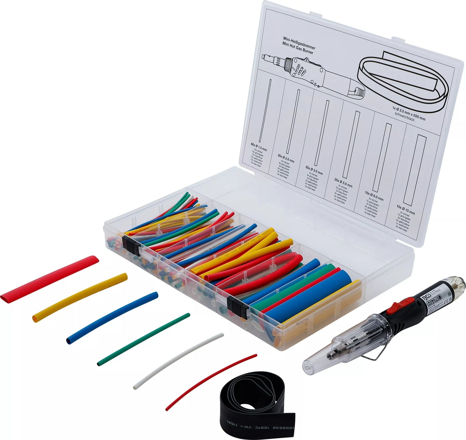 BGS 70143 Mini Heißgasbrenner mit Schrumpfschlauch Sortiment farbig mit Piezo Zündung