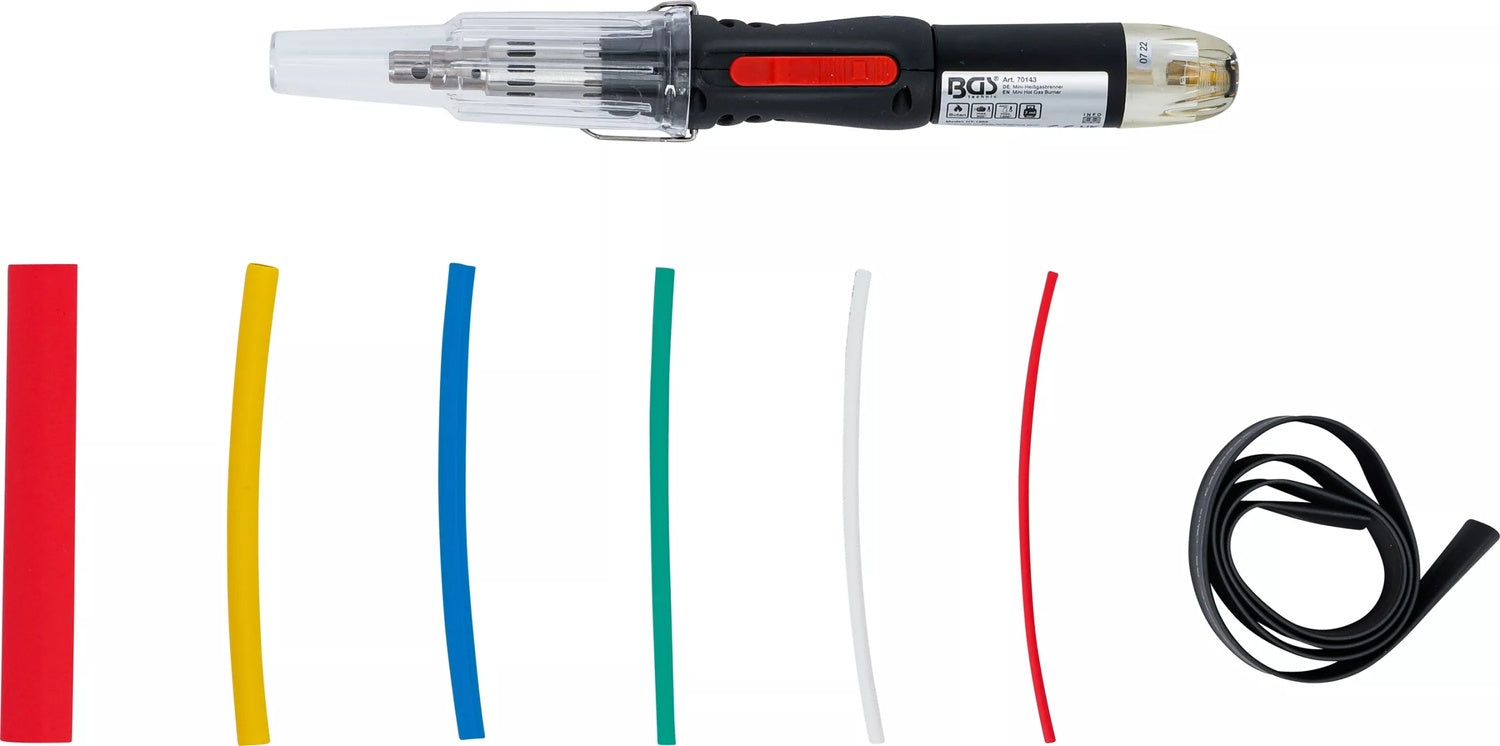 BGS 70143 Mini Heißgasbrenner mit Schrumpfschlauch Sortiment farbig mit Piezo Zündung