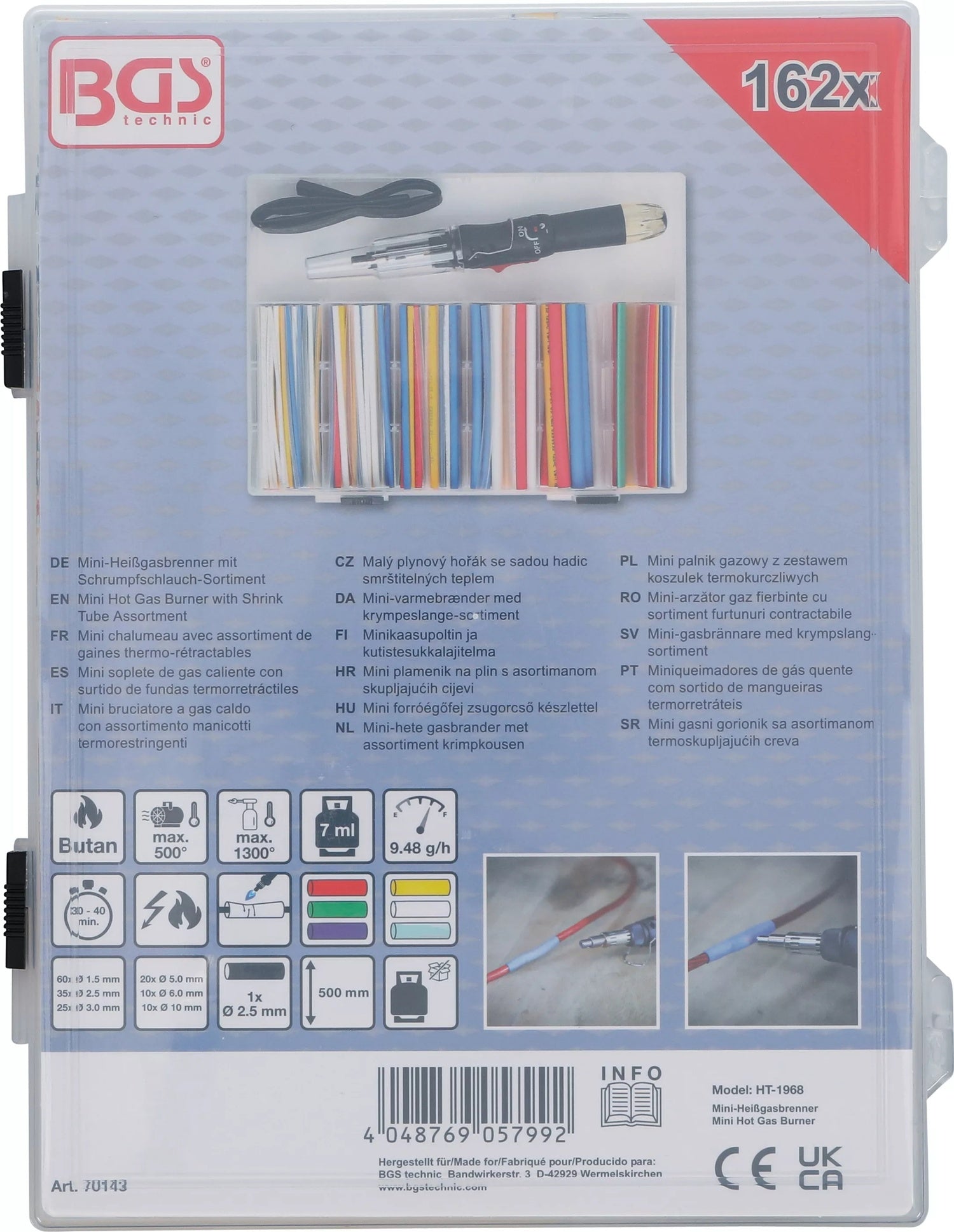 BGS 70143 Mini Heißgasbrenner mit Schrumpfschlauch Sortiment farbig mit Piezo Zündung