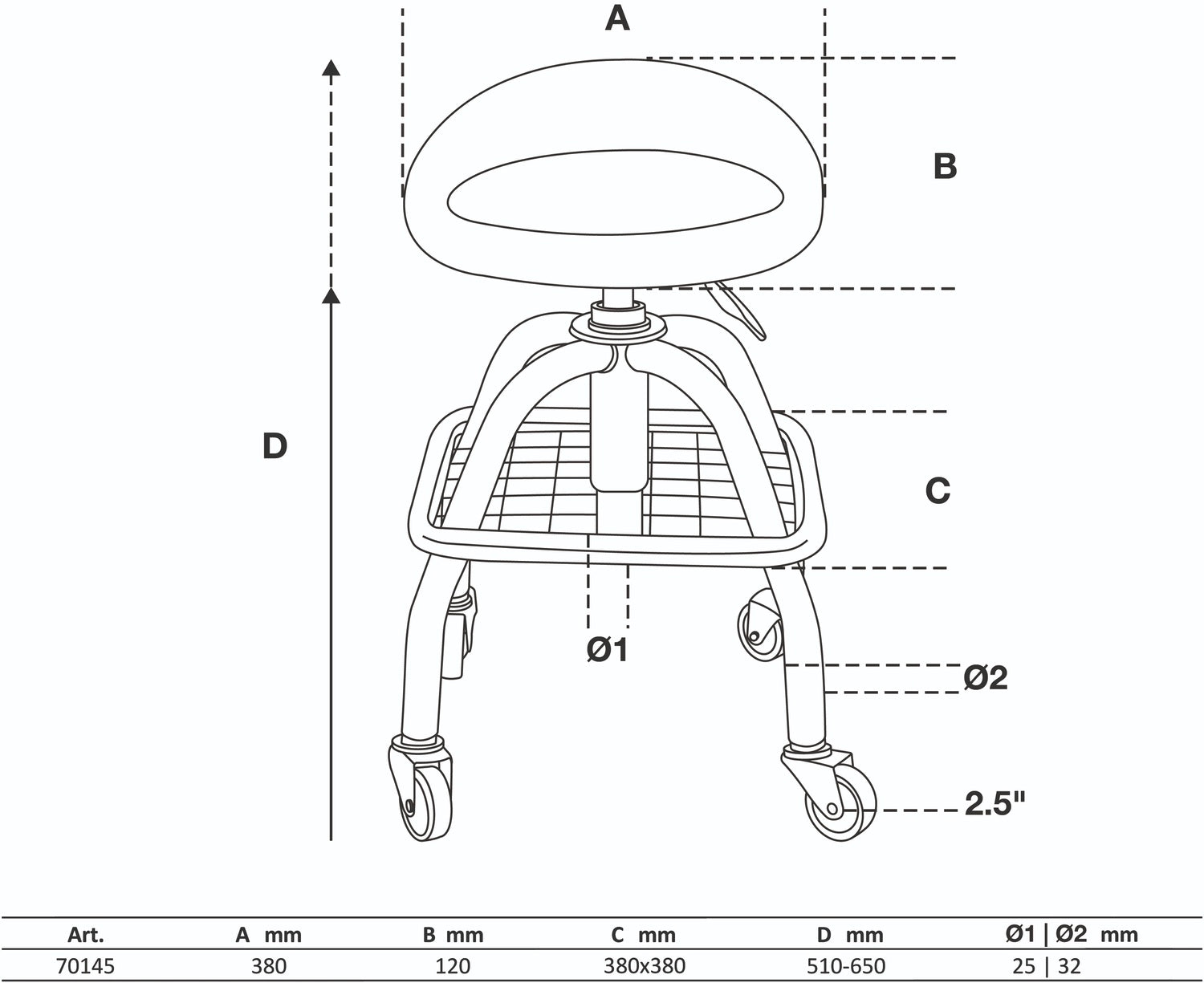 BGS 70145 Werkstatt Stuhl Werkstattstuhl höhenverstellbar mit 4 Rollen 540-680mm