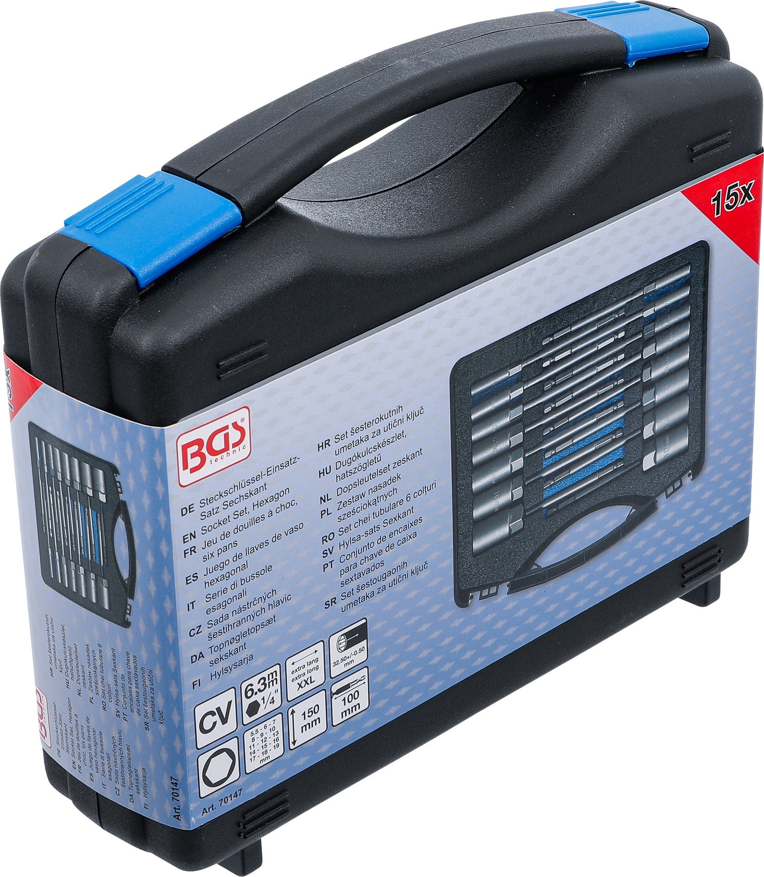 BGS 70147 Satz Steckschlüsseleinsätze Sechskant extra lang Antrieb 6,3mm (1/4") SW 5,5 - 19mm für Bohrmaschinen