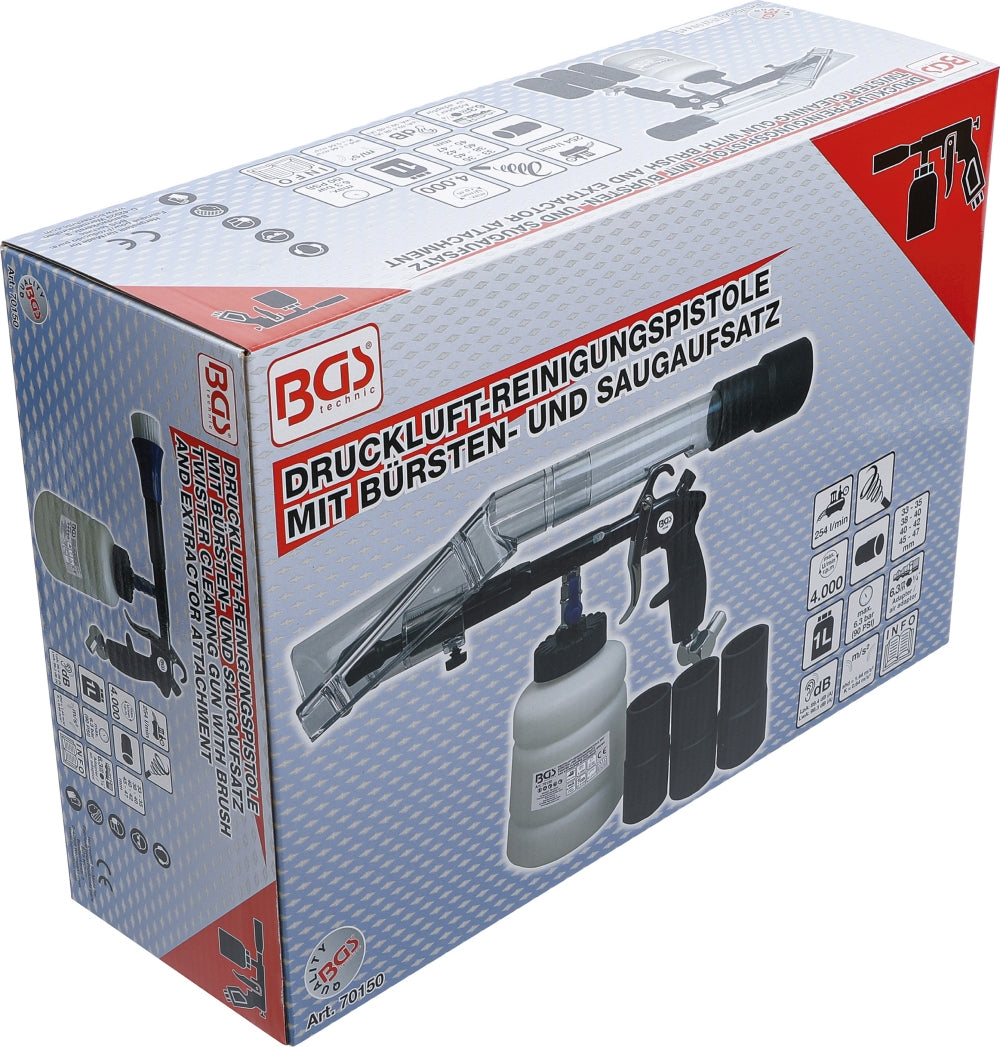 BGS 70150 Druckluft Reinigungspistole mit Bürsten- und Saugaufsatz 7 teilig