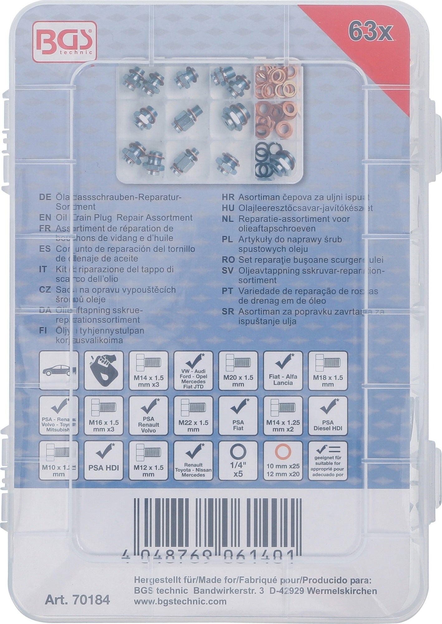 BGS 70184 Reparatursatz für Ölablassschrauben ohne ein Anfertigen eines neuen Gewindes 63 teilig