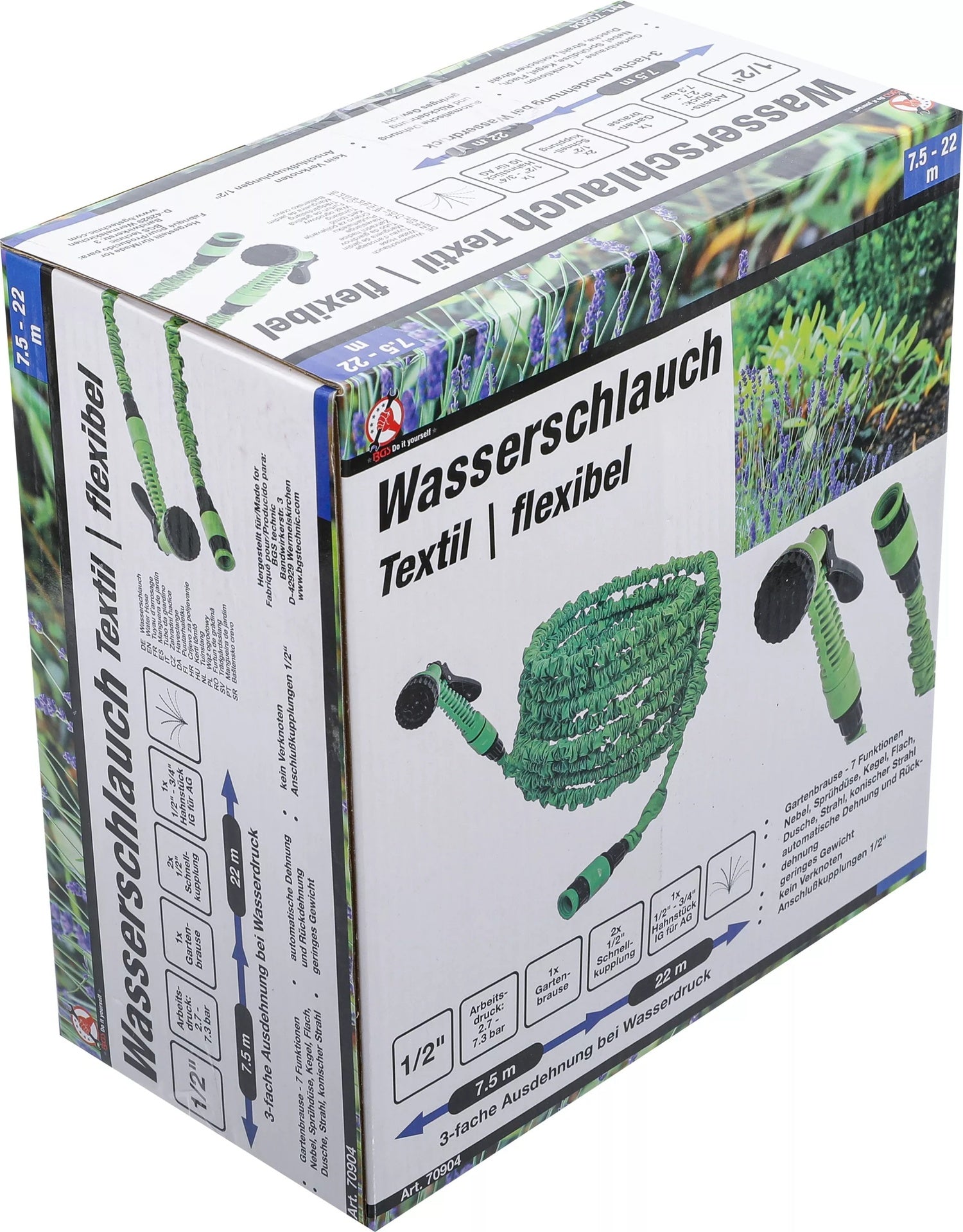 BGS DIY 70904 Wasserschlauch Textil flexibel Gartenhandbrause 7 Funktionen