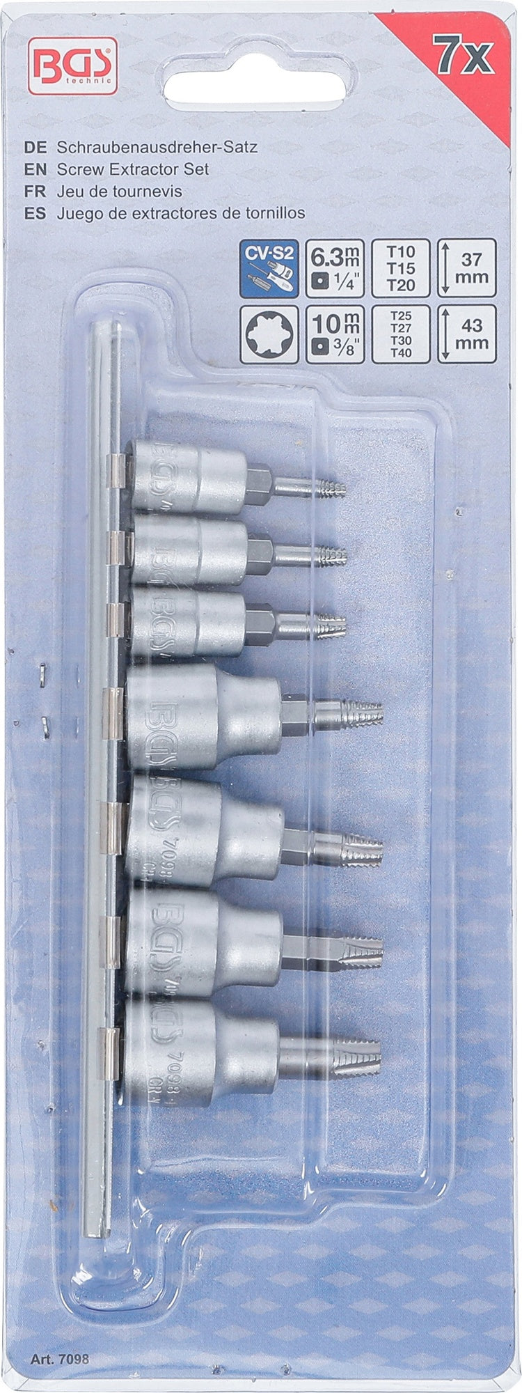 BGS 7098 Satz Schraubenausdreher Biteinsatz Innenvierkant 6,3mm (1/4") 10mm (3/8") für defektes T-Profil (für Torx) T10 - T40