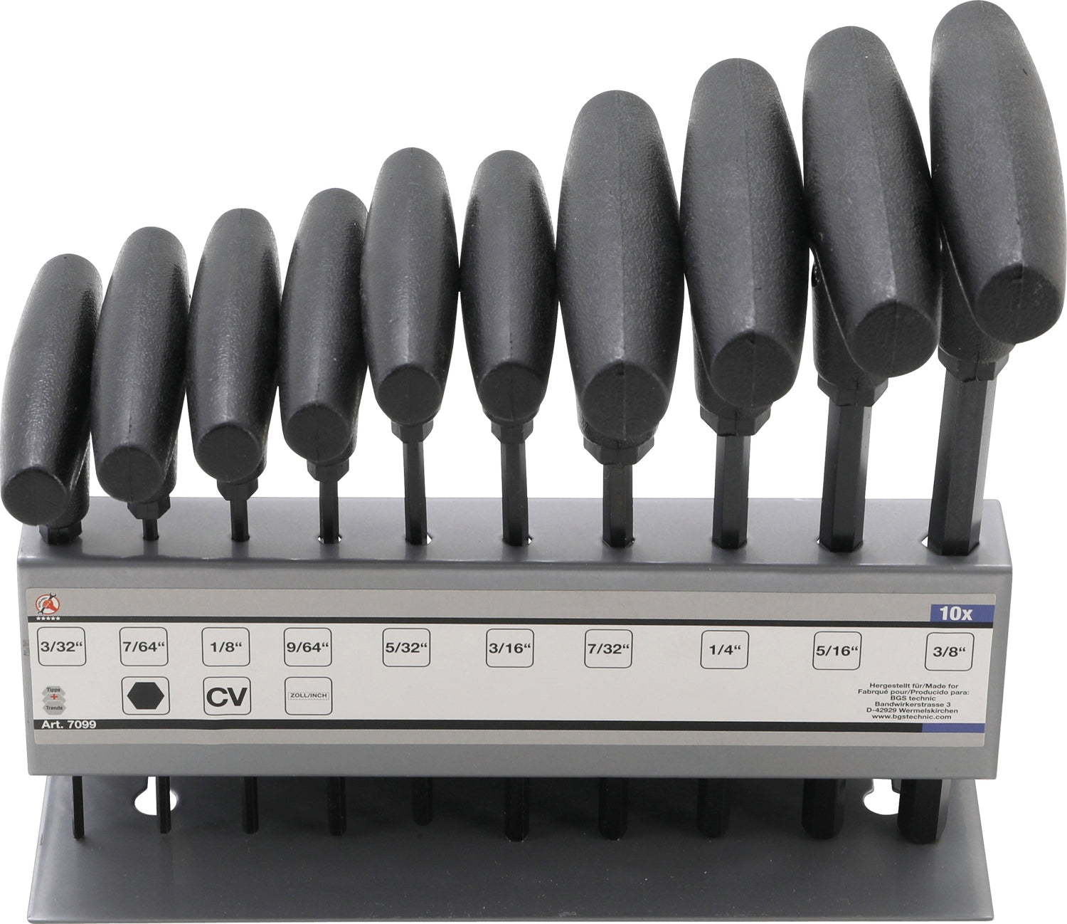 BGS DIY 7099 T-Griff / Stiftschlüssel Schlüsselsatz Innensechskant in ZOLL 10 teilig von 3/32" bis 3/8"