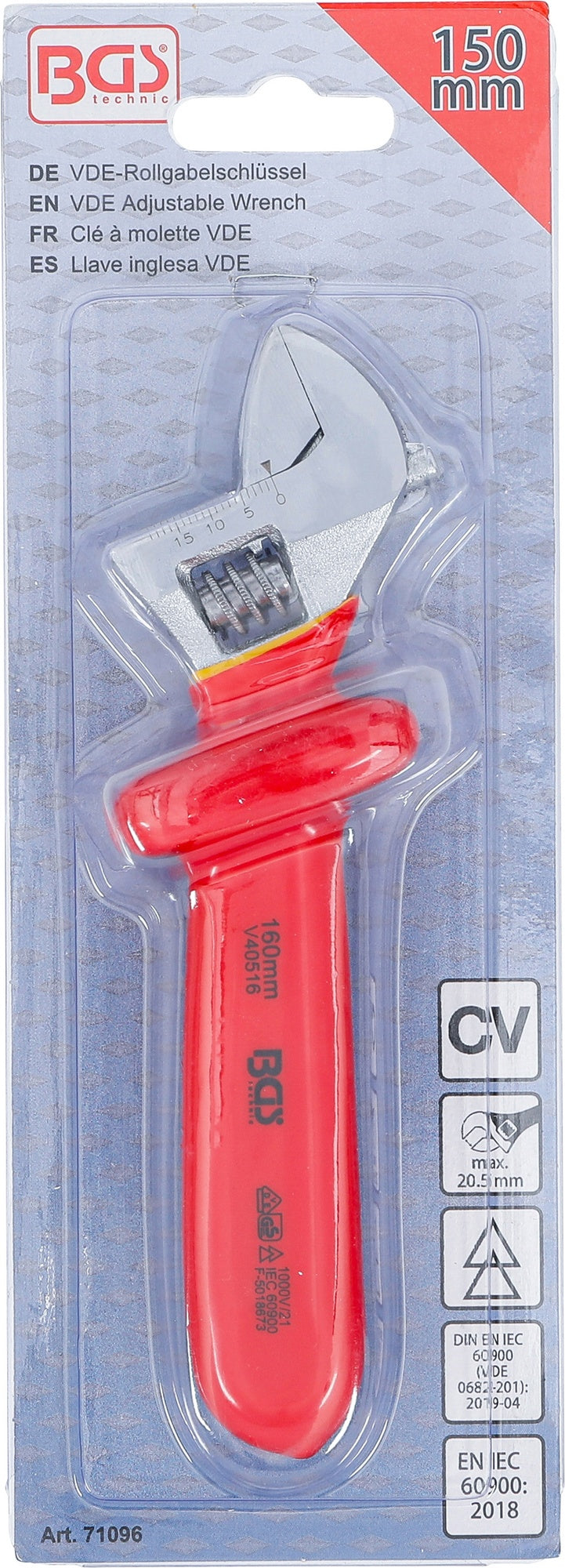 BGS 71096 VDE Rollgabelschlüssel SW max. 20,5mm Maulstellung 15° abgewinkelt