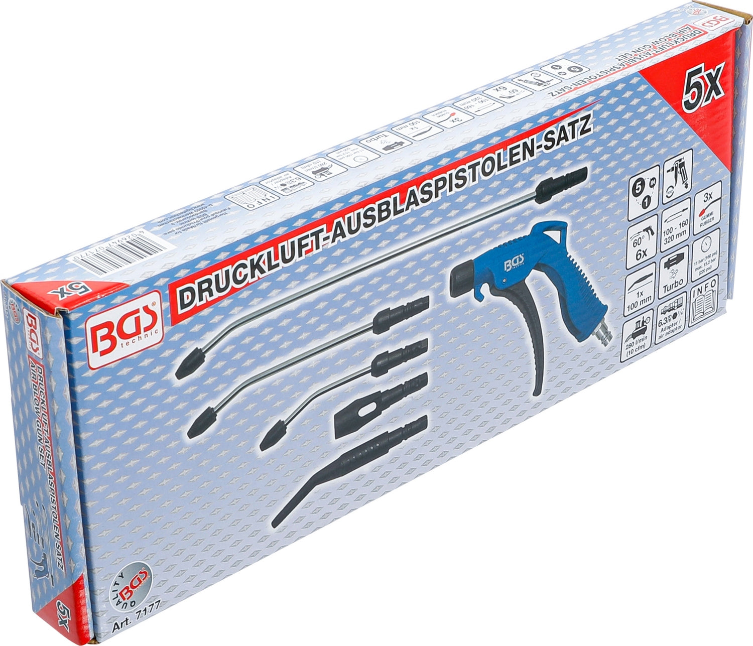 BGS 7177 Satz Druckluft Ausblaspistole mit 5 Aufsätzen