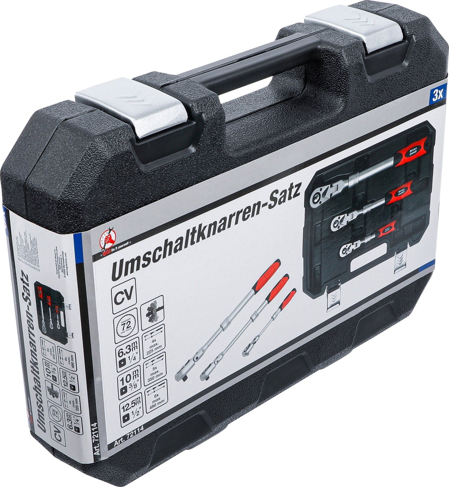 BGS DIY 72114 Satz Umschaltknarren ausziehbar abwinkelbar Abtrieb 6,3mm (1/4") 10mm (3/8") 12,5mm (1/2")