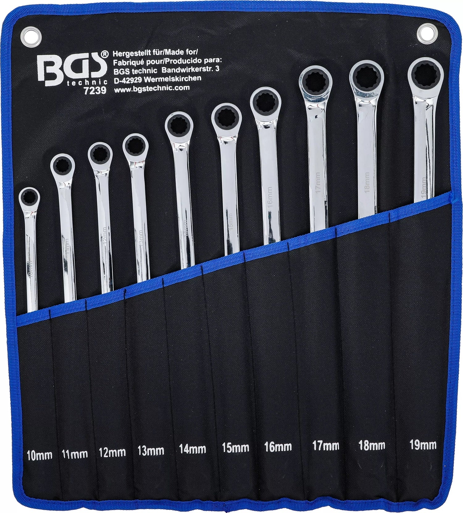 BGS 7239 Satz Ratschenringschlüssel Ringschlüssel extra lang SW 10 - 19mm 10 teilig