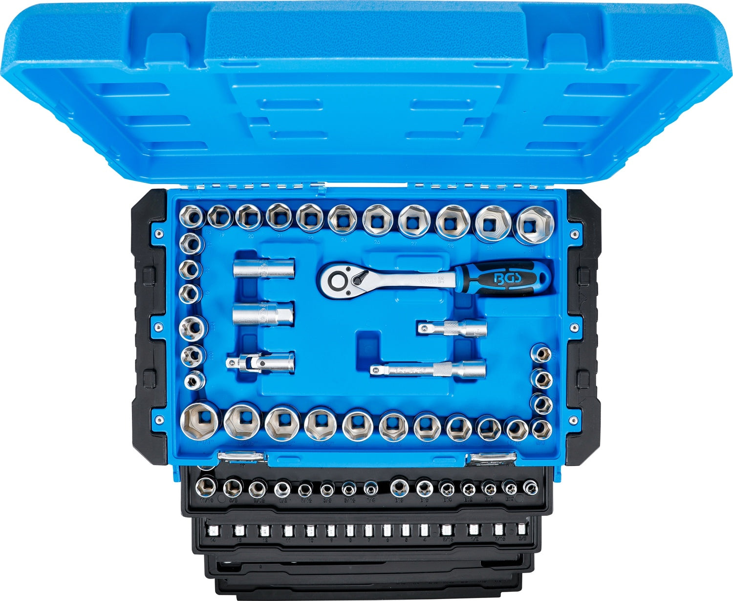 BGS 74000 Satz Steckschlüssel Sechskant Antrieb 6,3mm (1/4") 10mm (3/8") 12,5mm (1/2") Metrisch und Zollgrößen