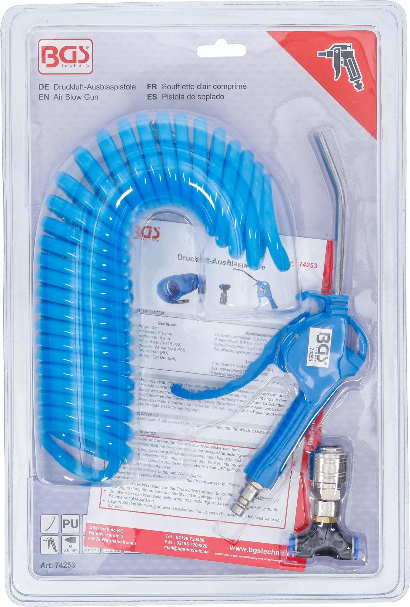BGS 74253 Druckluft Ausblaspistole mit Druckluft Spiralschlauch und T-Verbinder