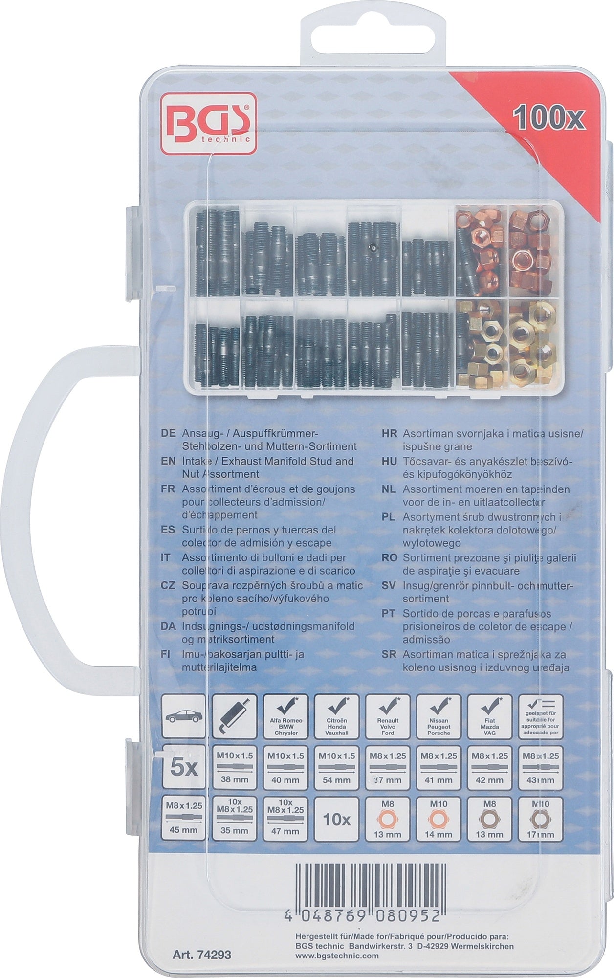 BGS 74293 Sortiment Ansaugkrümmer Auspuffkrümmer Stehbolzen Muttern Sortiment 100 teilig