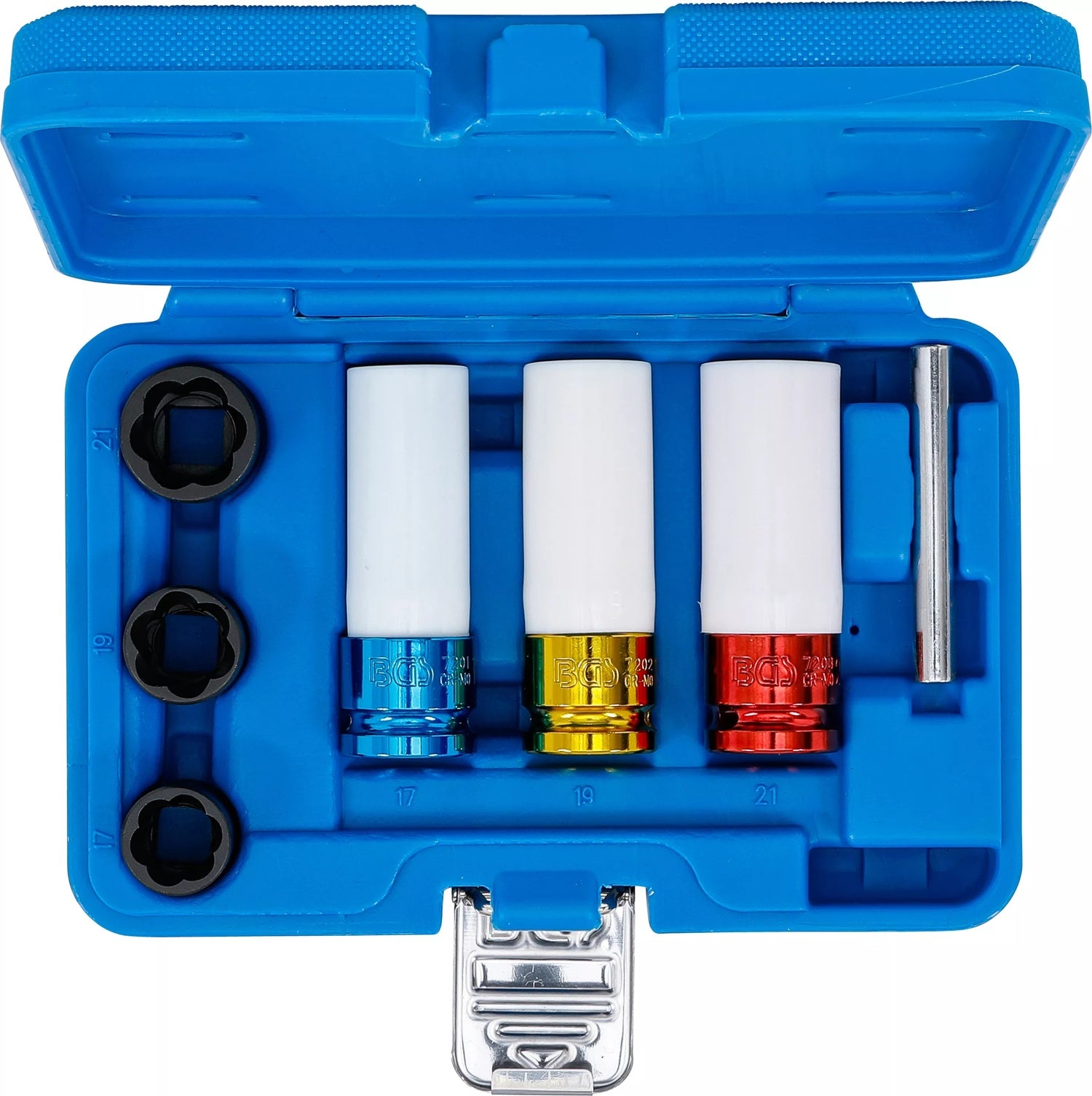 BGS 74297 Satz Kraft Schoneinsätze Steckschlüsseleinsätze Spiralprofil Antrieb Innenvierkant 12,5mm (1/2") SW 17 - 21mm