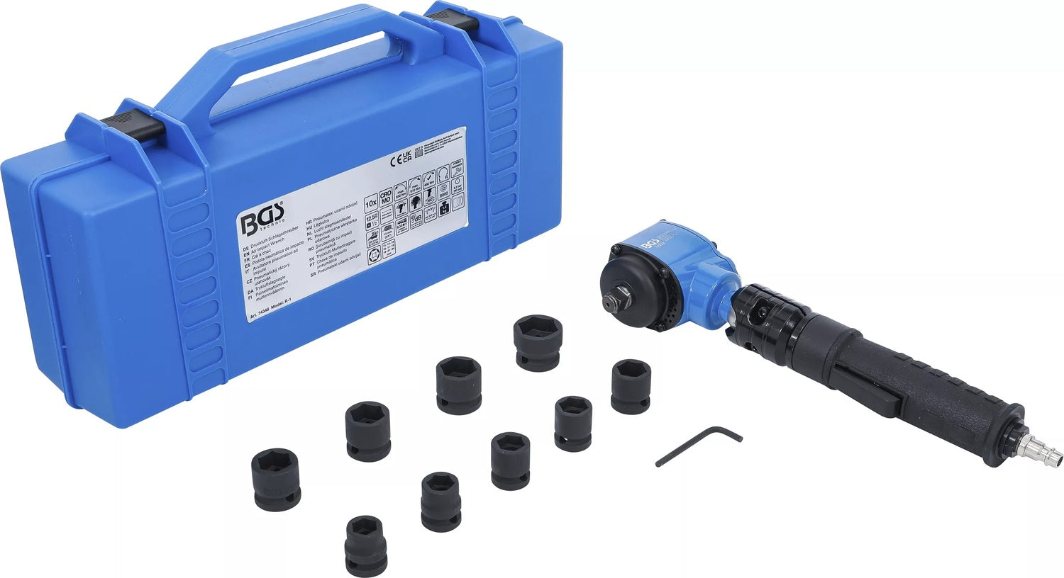 BGS 74348 Druckluft Schlagschrauber abgewinkelt & Kraft Steckschlüssel Satz 12,5mm (1/2") 650 Nm 10 teilig