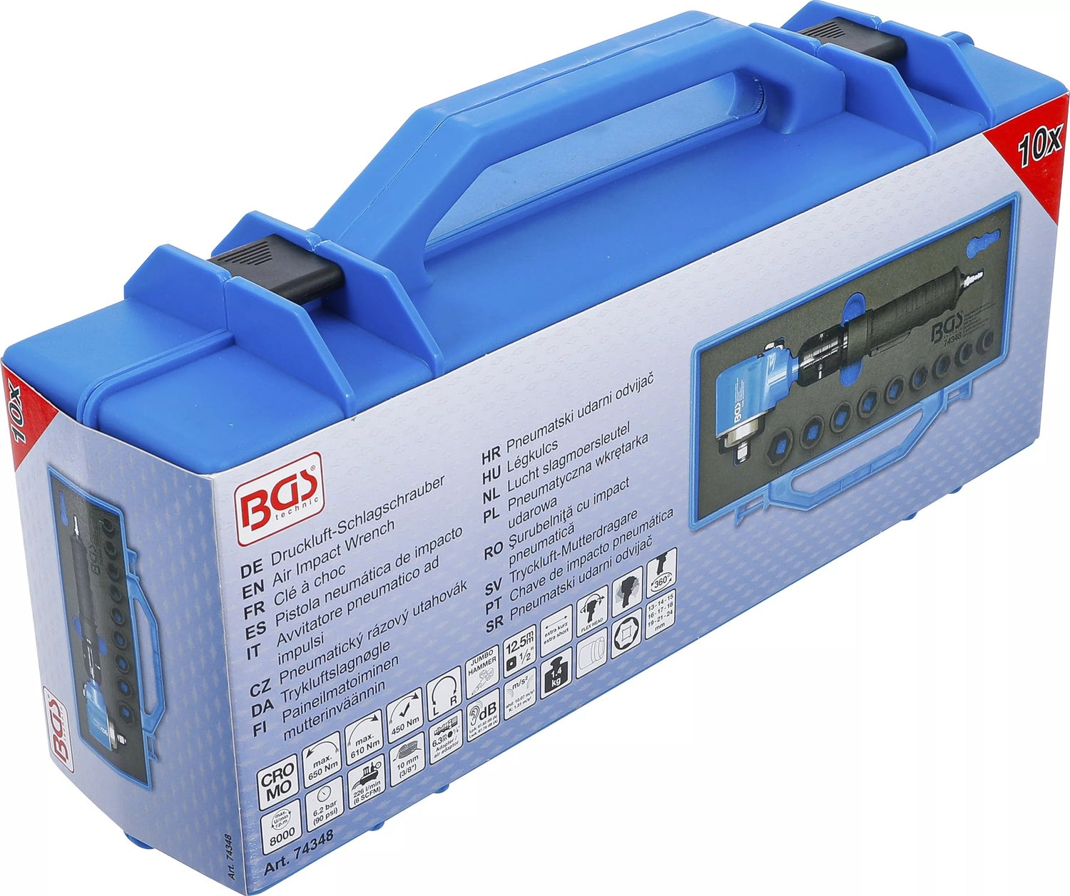 BGS 74348 Druckluft Schlagschrauber abgewinkelt & Kraft Steckschlüssel Satz 12,5mm (1/2") 650 Nm 10 teilig