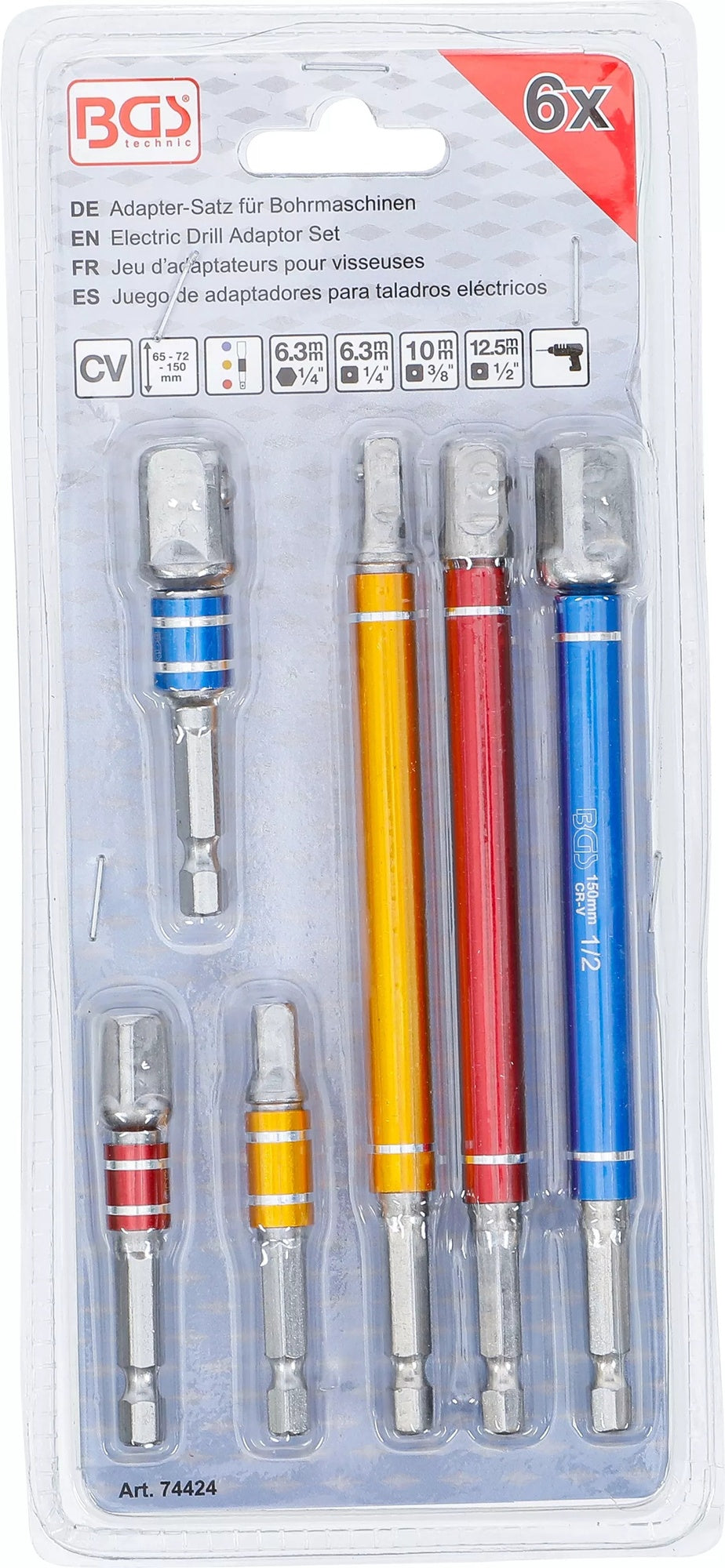 BGS 74424 Satz Adapter für Bohrmaschinen farbig Außensechskant 6,3mm (1/4") 75 - 150mm 6 teilig