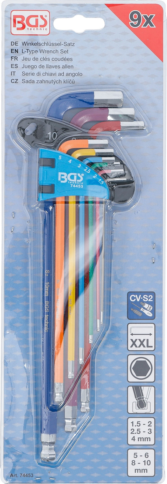 BGS 74453 Satz Winkelschlüssel Multicolour extra lang Innensechskant Innensechskant mit Kugelkopf 1,5 - 10mm 9 teilig