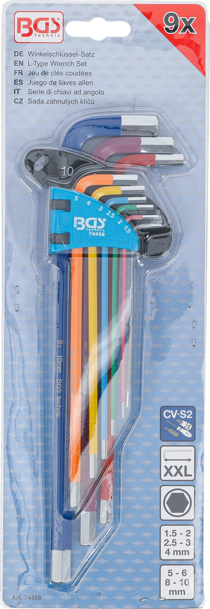 BGS 74456 Satz Winkelschlüssel Multicolour extra lang Innensechskant 1,5 - 10mm 9 teilig
