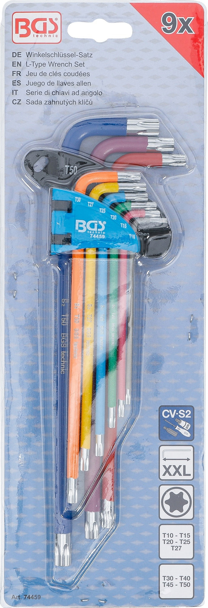 BGS 74459 Satz Winkelschlüssel Multicolour extra lang T-Profil (für Torx) T10 - T50 9 teilig