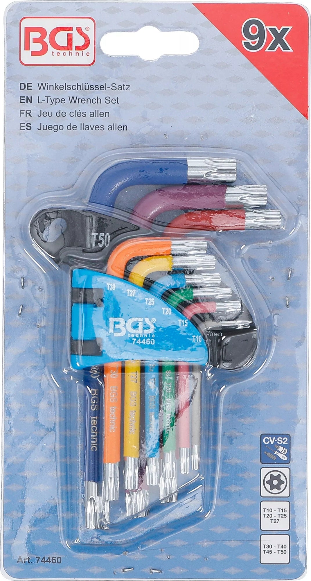 BGS 74460 Satz Winkelschlüssel Multicolour kurz T-Profil (für Torx) mit Bohrung T10 - T50 9 teilig