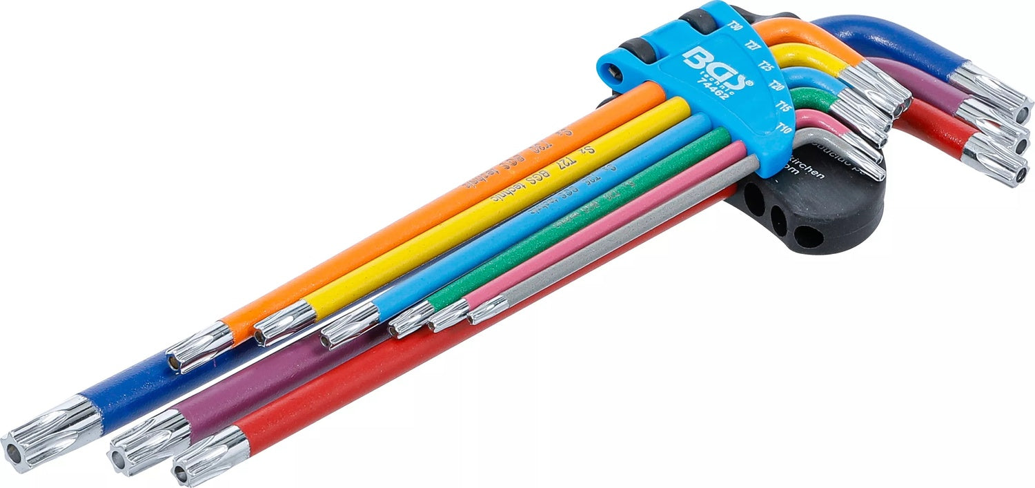 BGS 74462 Satz Winkelschlüssel Multicolour extra lang T-Profil (für Torx) mit Bohrung T10 - T50 9 teilig
