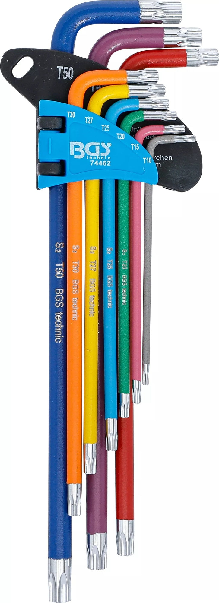 BGS 74462 Satz Winkelschlüssel Multicolour extra lang T-Profil (für Torx) mit Bohrung T10 - T50 9 teilig