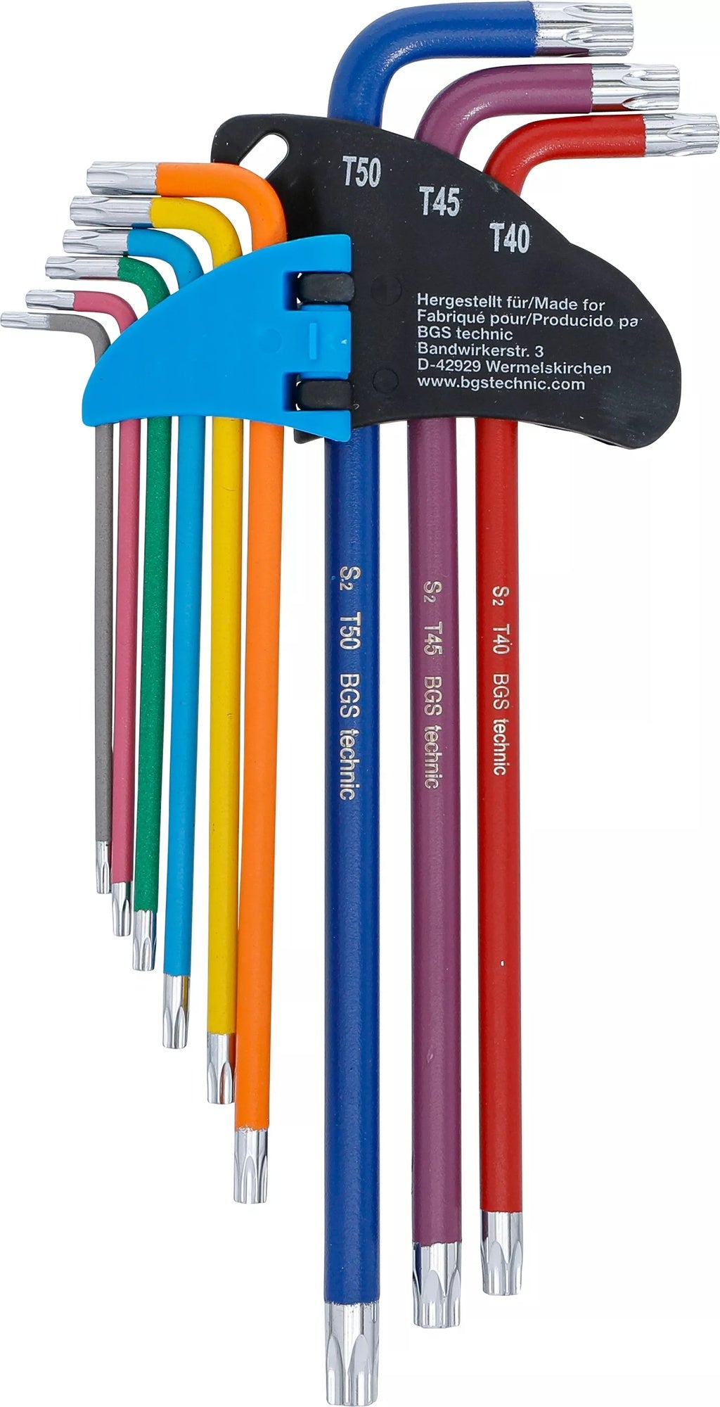 BGS 74462 Satz Winkelschlüssel Multicolour extra lang T-Profil (für Torx) mit Bohrung T10 - T50 9 teilig
