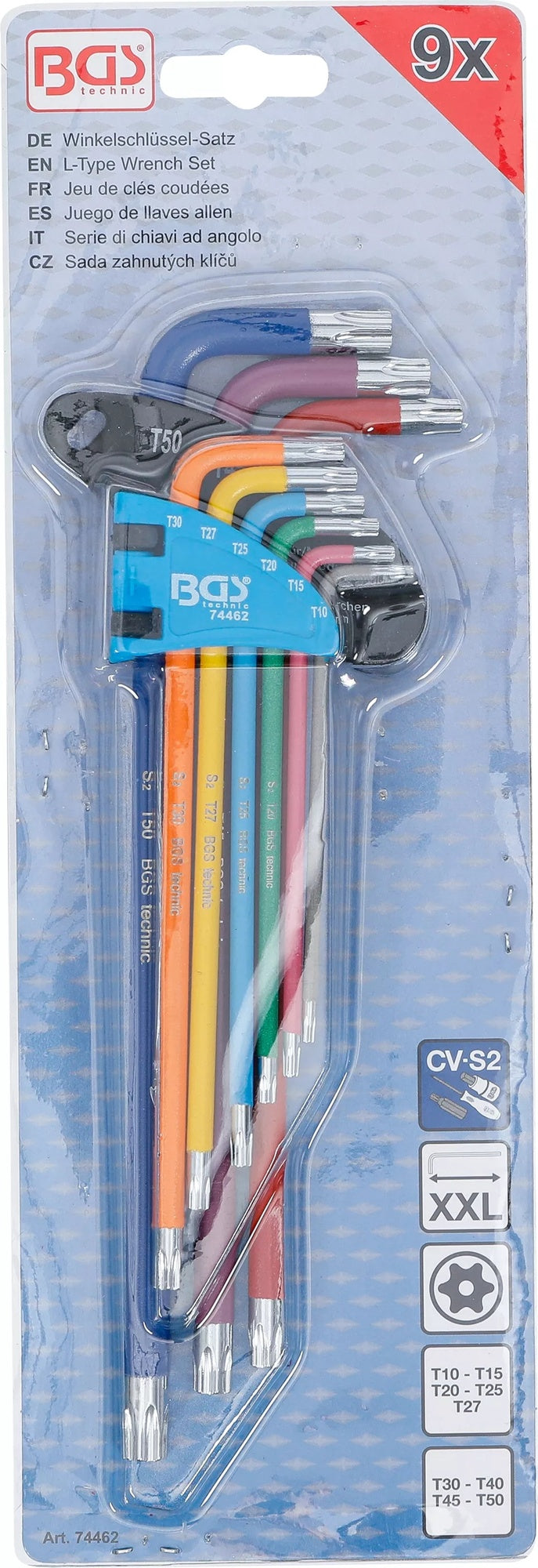 BGS 74462 Satz Winkelschlüssel Multicolour extra lang T-Profil (für Torx) mit Bohrung T10 - T50 9 teilig