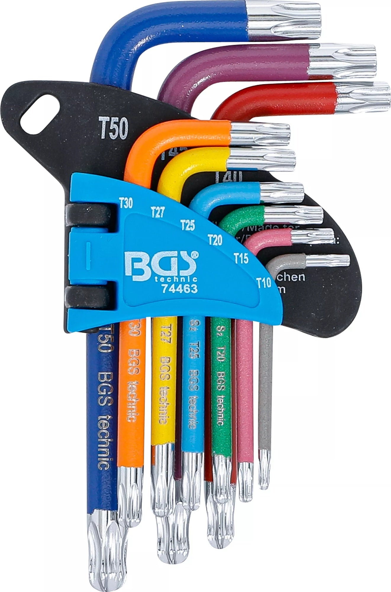 BGS 74463 Satz Winkelschlüssel Multicolour kurz T-Profil (für Torx) mit Bohrung und Kugelkopf T10 - T50 9 teilig